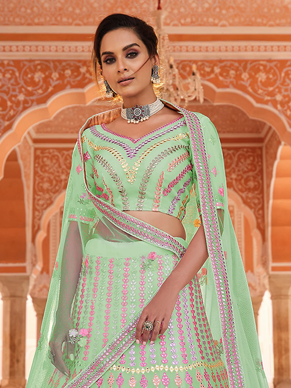 Odette Women Green Embroidered Organza Semi Stitched Lehenga With Unstitched Blouse - Image 2