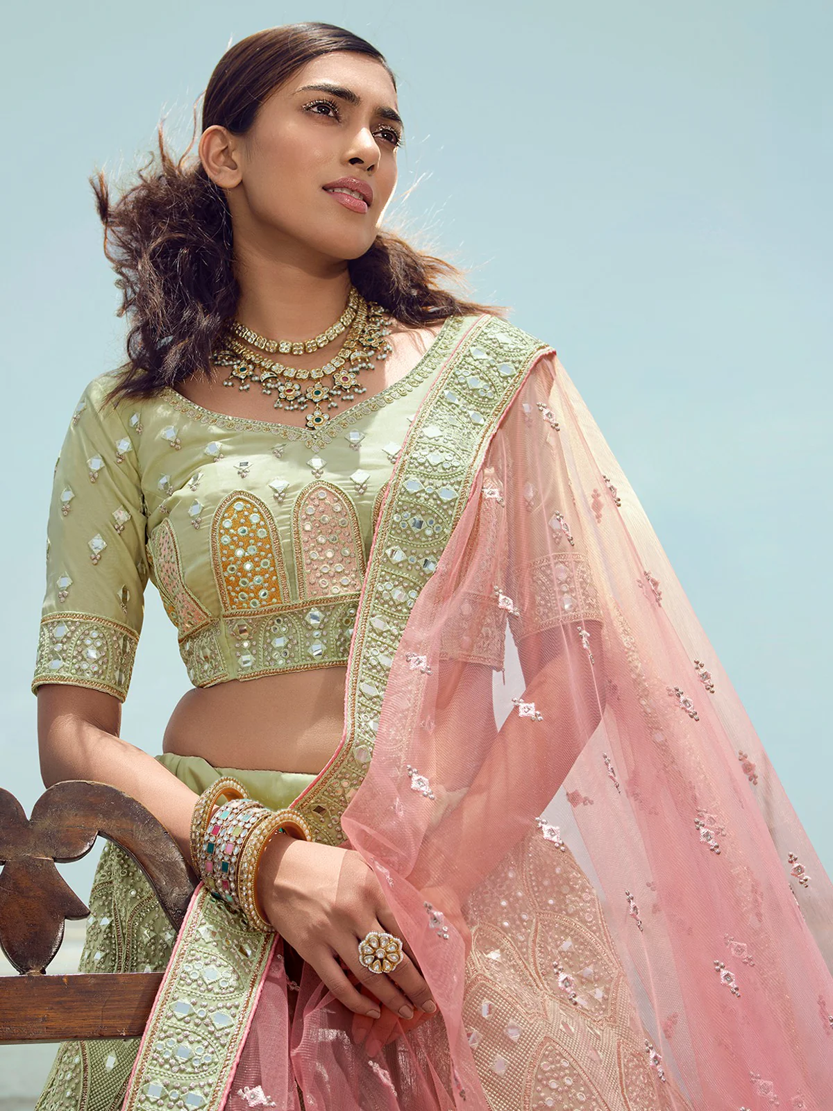 Odette Women Green Organza Embroidered Semi Stitched Lehenga With Unstitched Blouse - Image 2