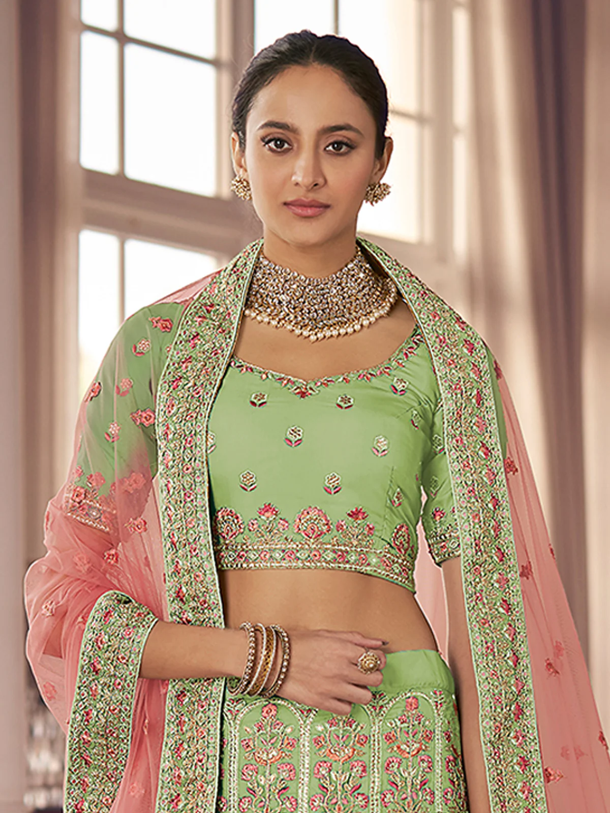 Odette Women Green Embroidered Organza Semi Stitched Lehenga With Unstitched Blouse - Image 2
