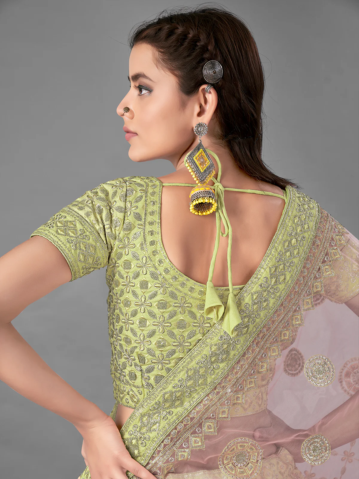 Odette Women Green Embroidered Art Silk Semi Stitched Lehenga With Unstitched Blouse - Image 4