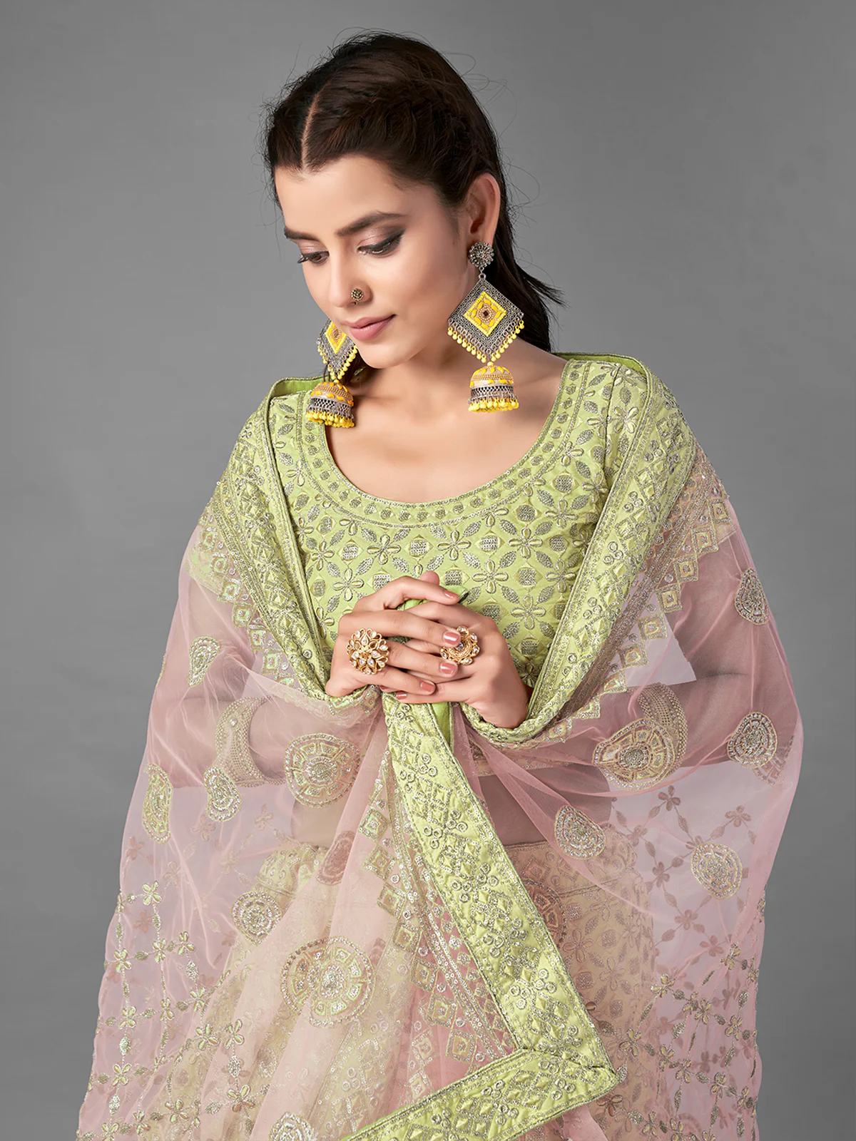 Odette Women Green Embroidered Art Silk Semi Stitched Lehenga With Unstitched Blouse - Image 5