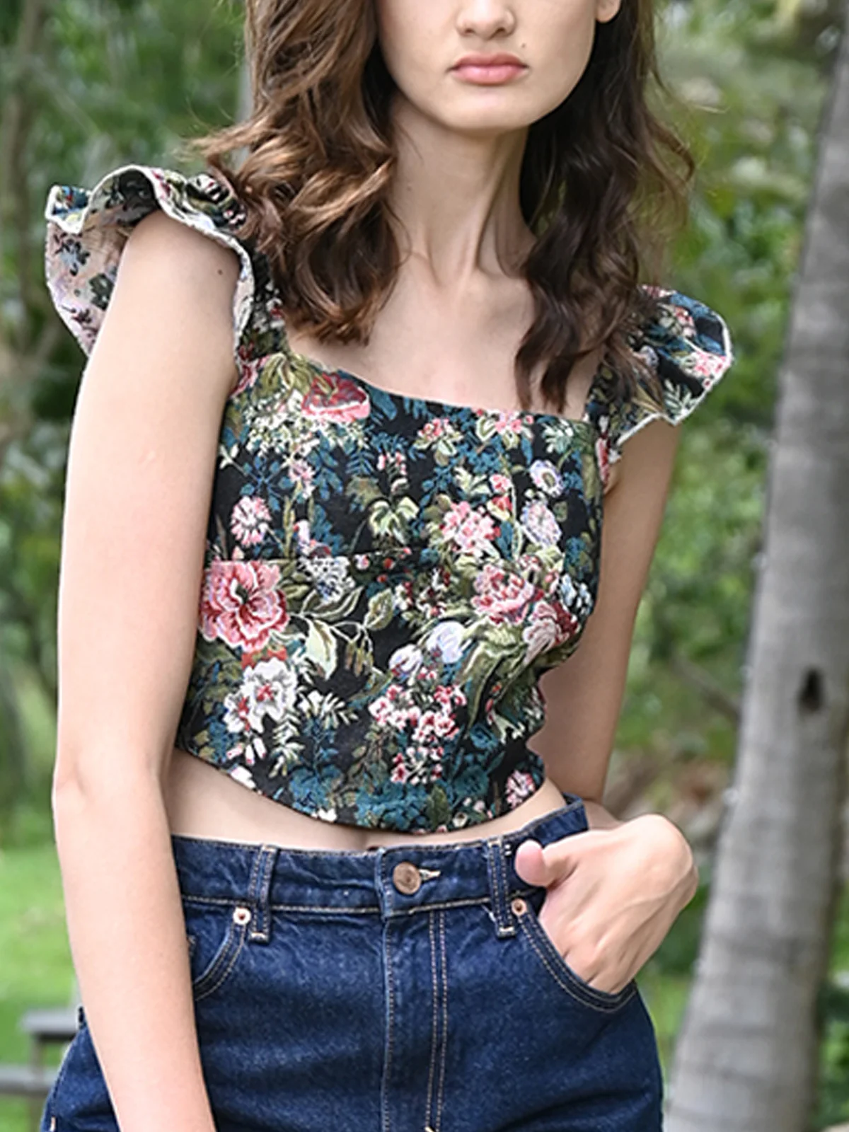 Odette Women Green Upholstery Fabric Printed Stitched Top - Image 5