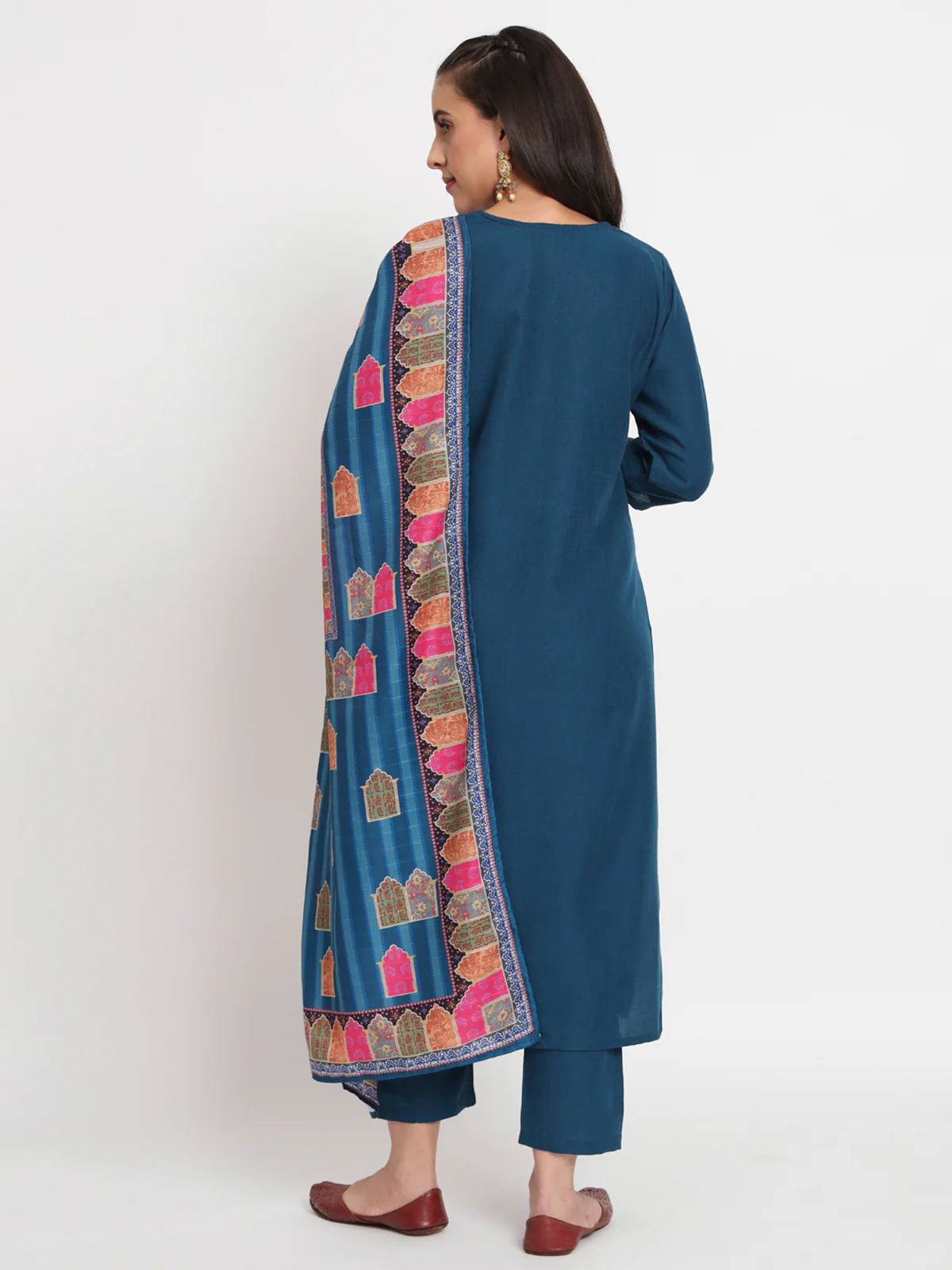 Odette Women Blue Cotton Blend Embroidered Stitched Kurta Set - Image 4