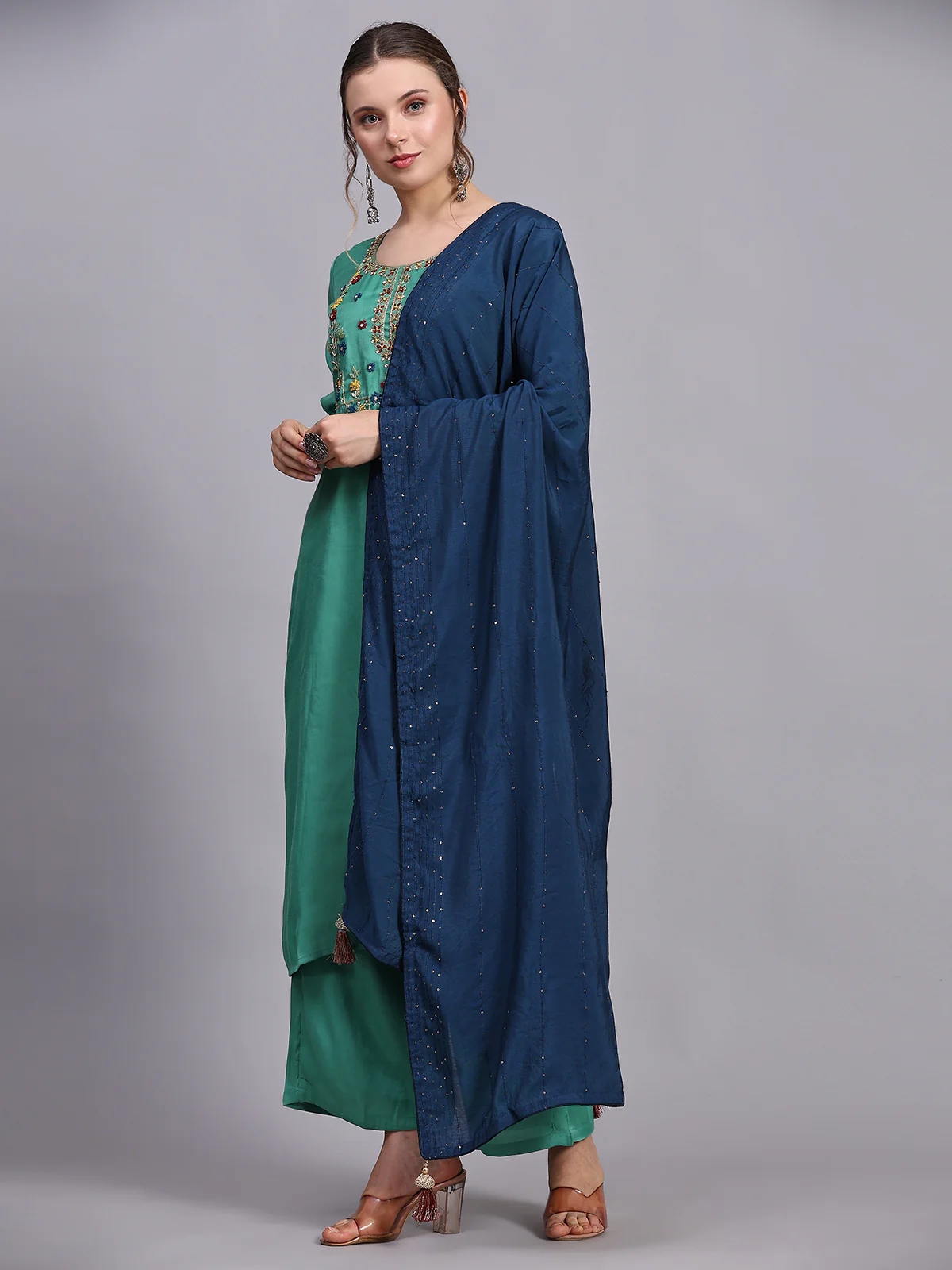 Odette Women Green Viscose Embroidered Stitched Kurta Set - Image 2