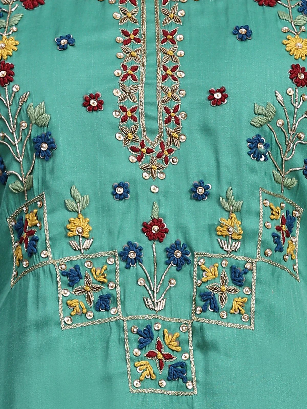 Odette Women Green Viscose Embroidered Stitched Kurta Set - Image 6