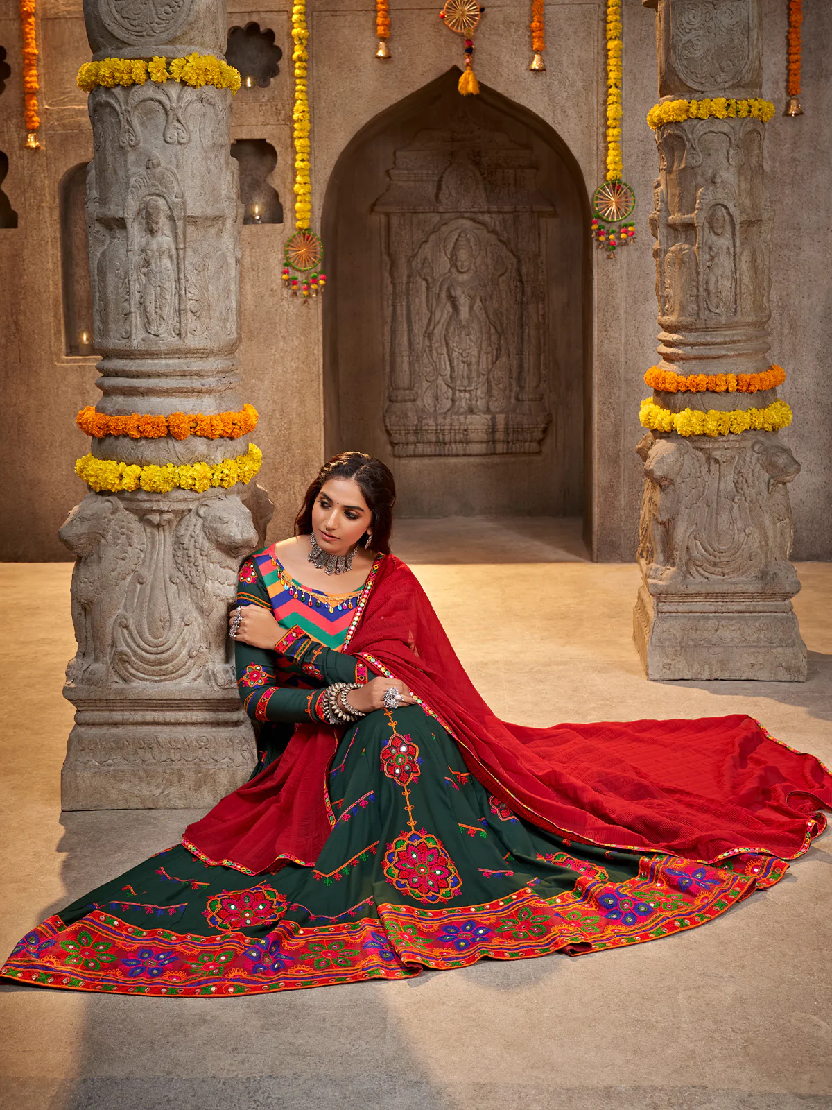 Odette Women Green Viscose Rayon Embroidered Semi Stitched Lehenga Choli - Image 3