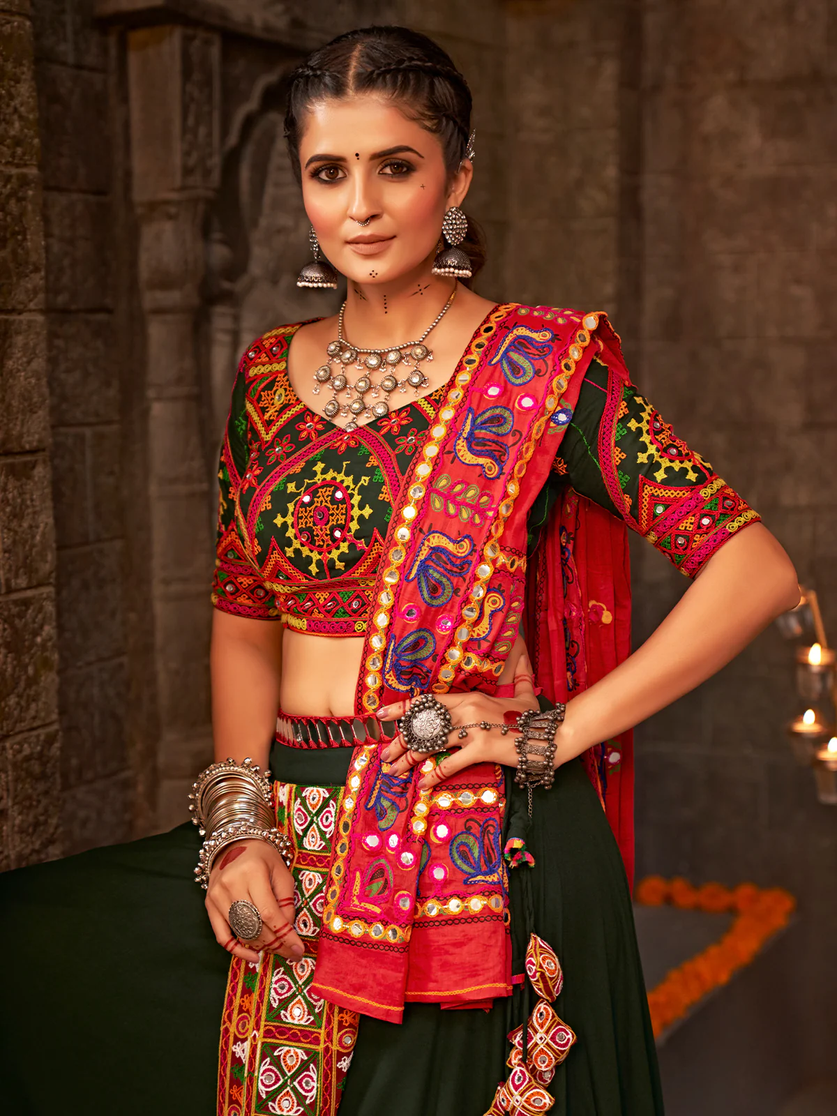 Odette Green Viscose Rayon Embroidered Semi Stitched Lehenga Choli For Women - Image 4