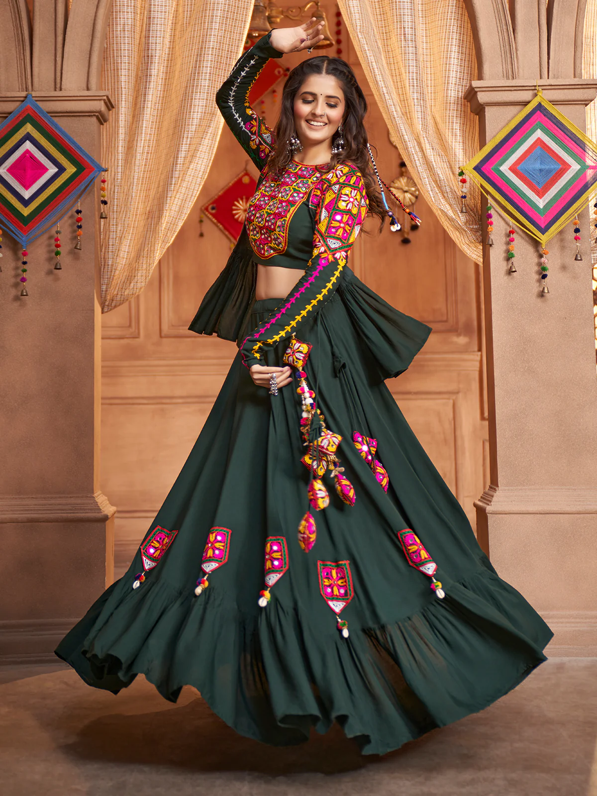 Odette Green Viscose Rayon Embroidered Stitched Lehenga Choli For Women - Image 2