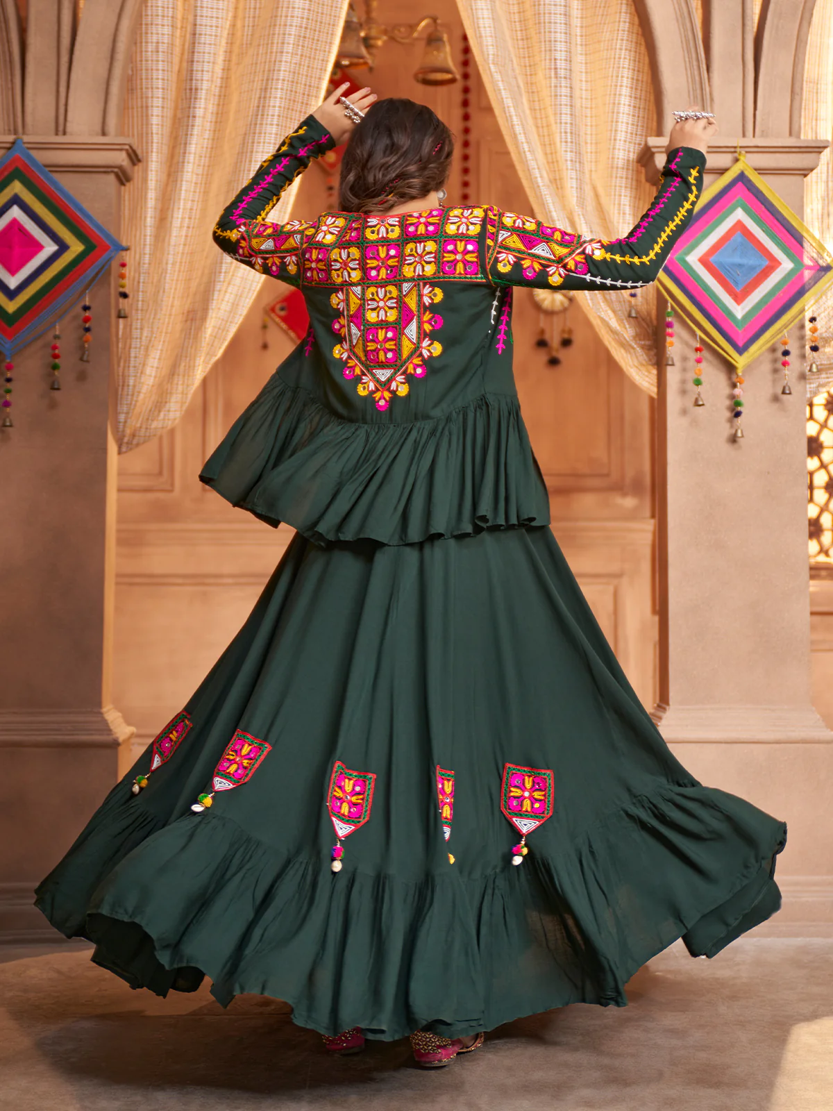 Odette Green Viscose Rayon Embroidered Stitched Lehenga Choli For Women - Image 4