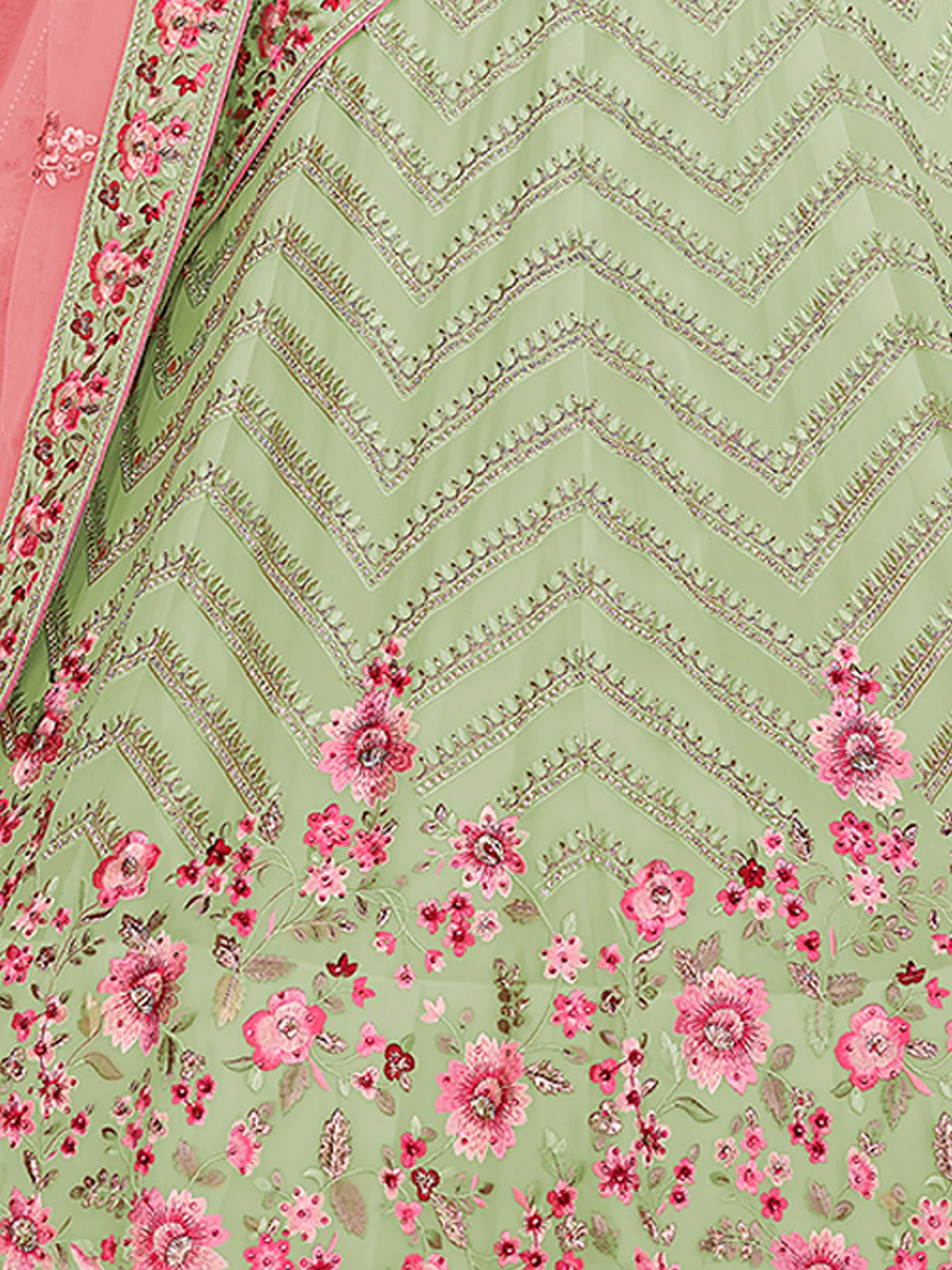 Odette Women Green Embroidered Georgette Semi Stitched Lehenga With Unstitched Blouse - Image 3