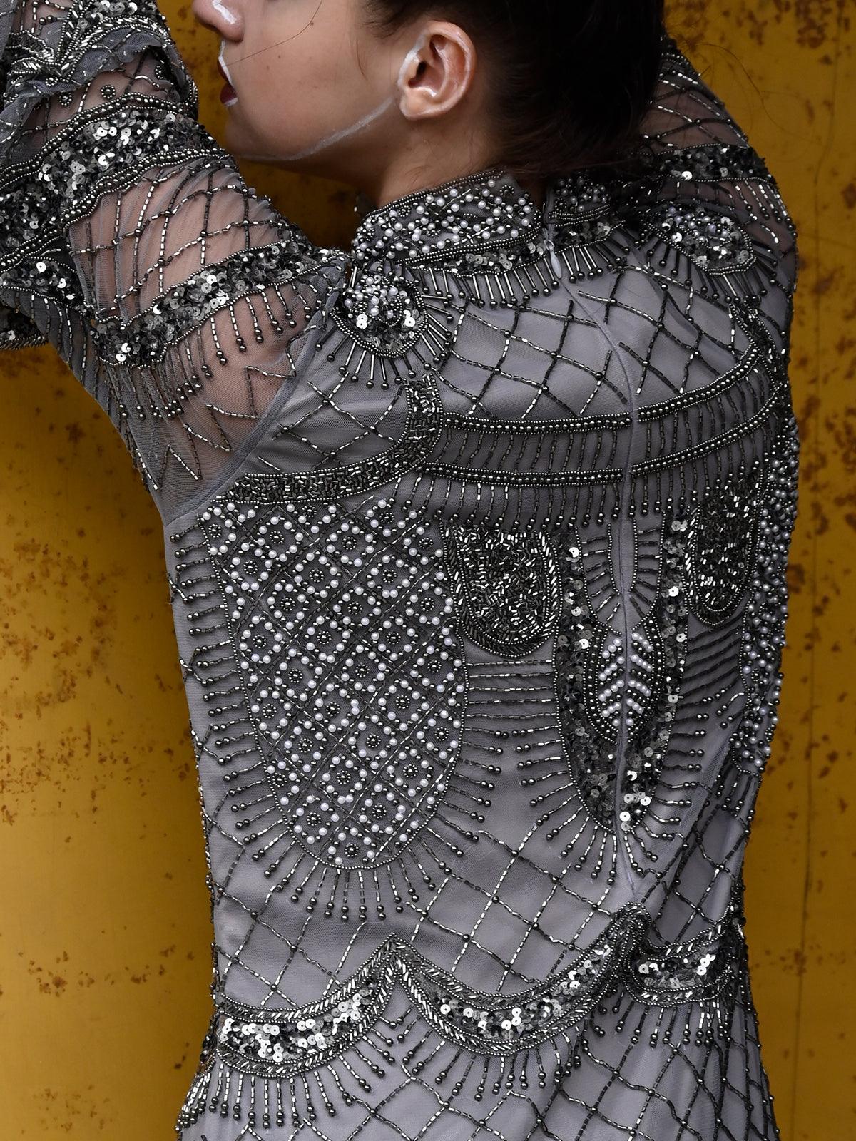 Odette Women Grey All Over Sequin Gown Stitched Dress - Image 3