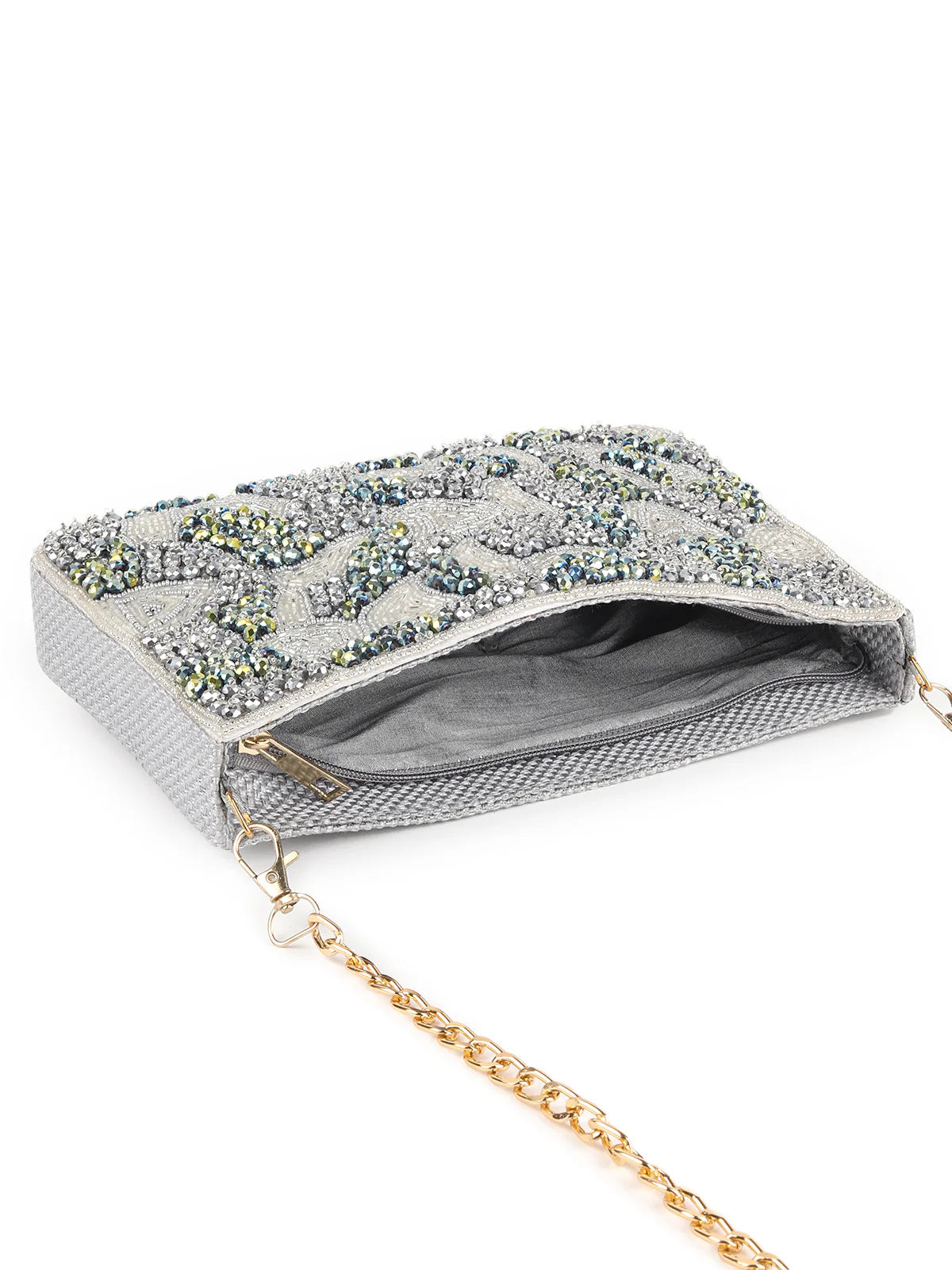 Odette Grey Fabric Beads Clutch For Women - Image 6