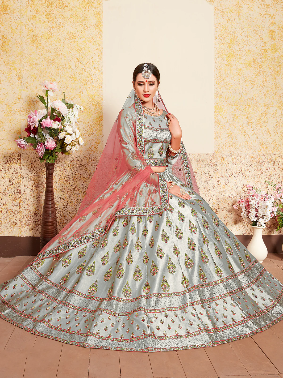 Odette Women Grey Designer Semi Stitched Lehenga With Unstitched Blouse - Image 2