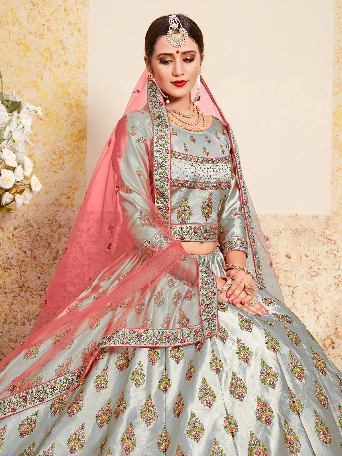 Odette Women Grey Designer Semi Stitched Lehenga With Unstitched Blouse - Image 3