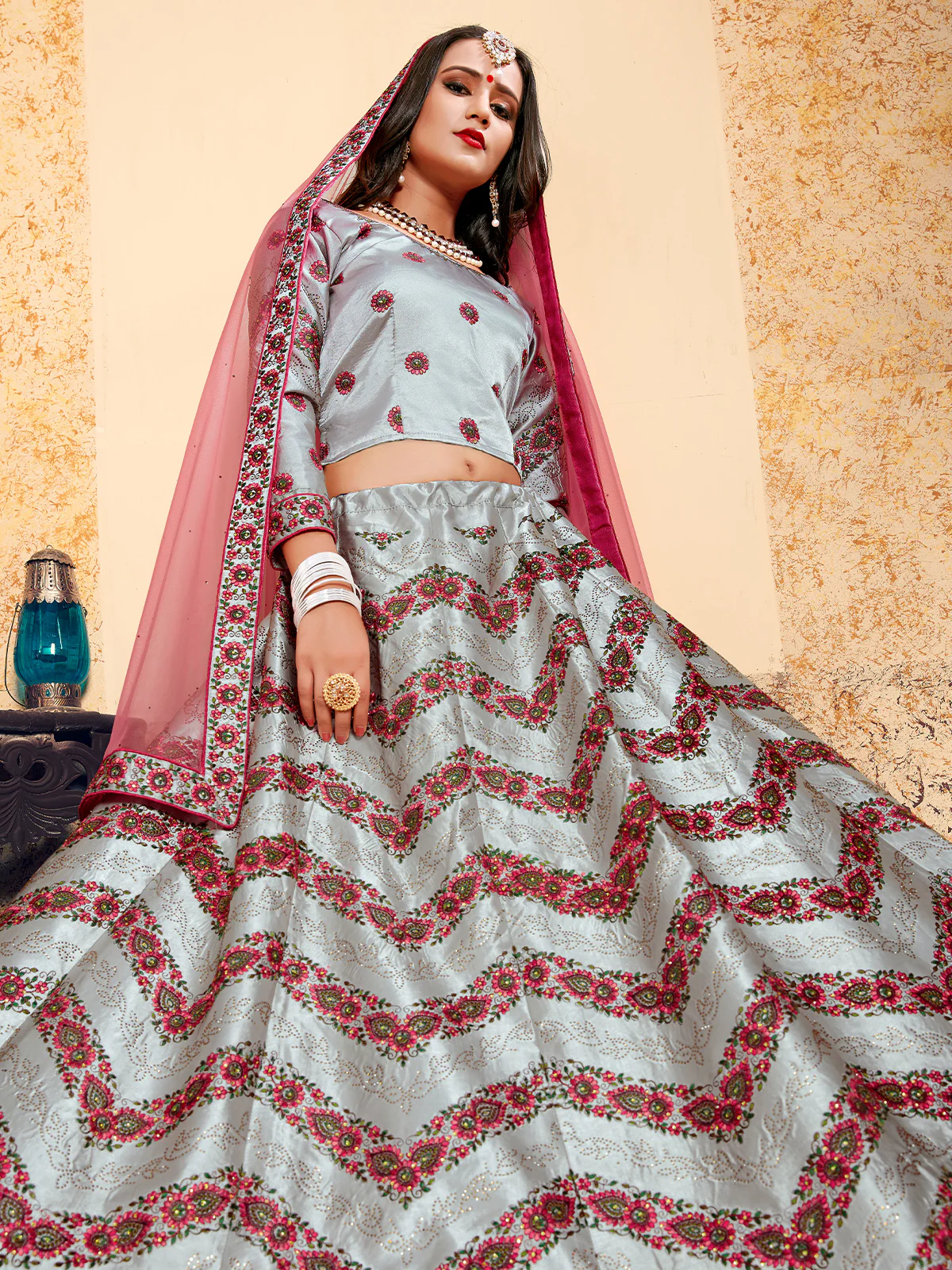 Odette Women Grey Designer Semi Stitched Lehenga With Unstitched Blouse - Image 2