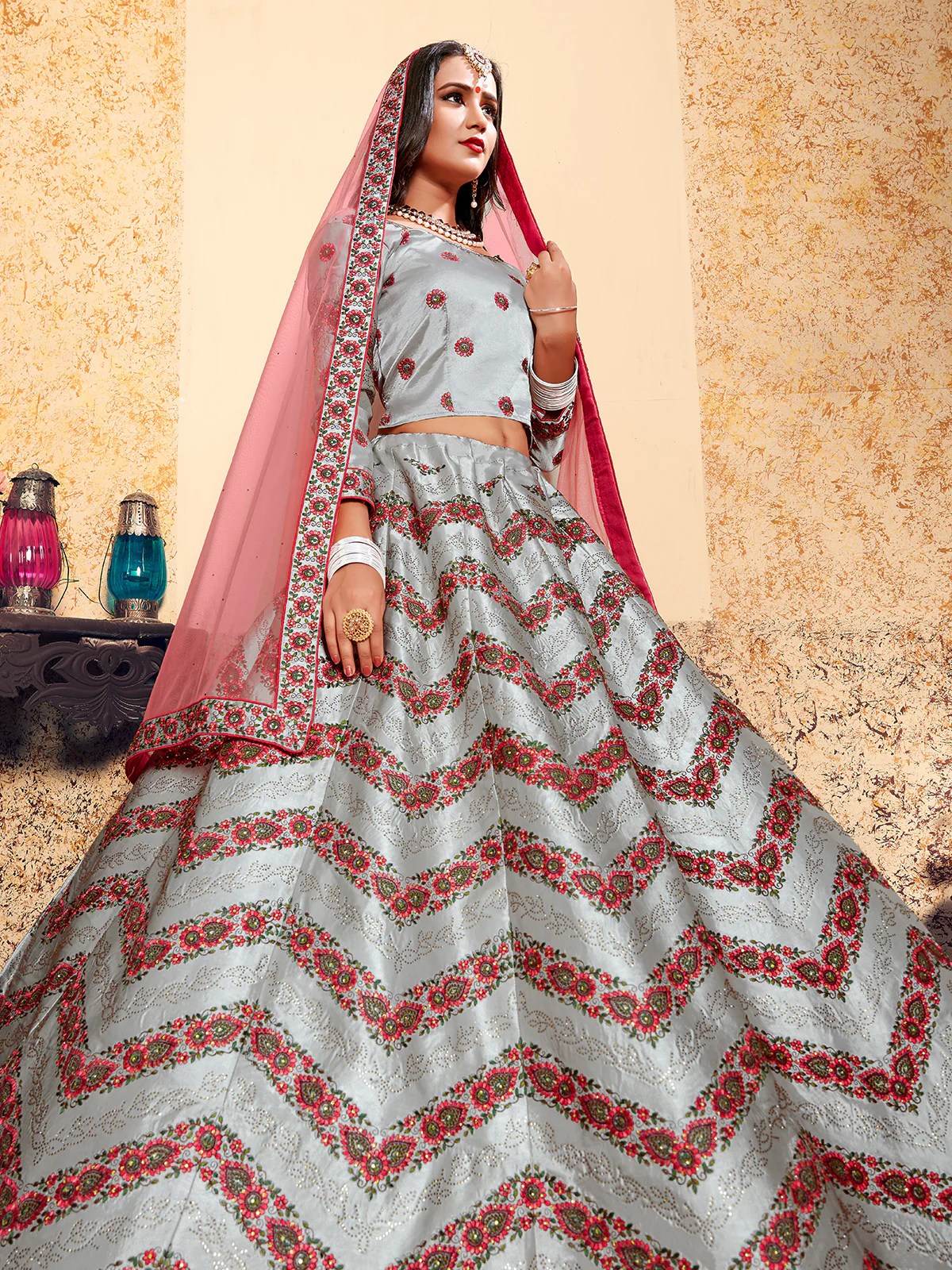 Odette Women Grey Designer Semi Stitched Lehenga With Unstitched Blouse - Image 4
