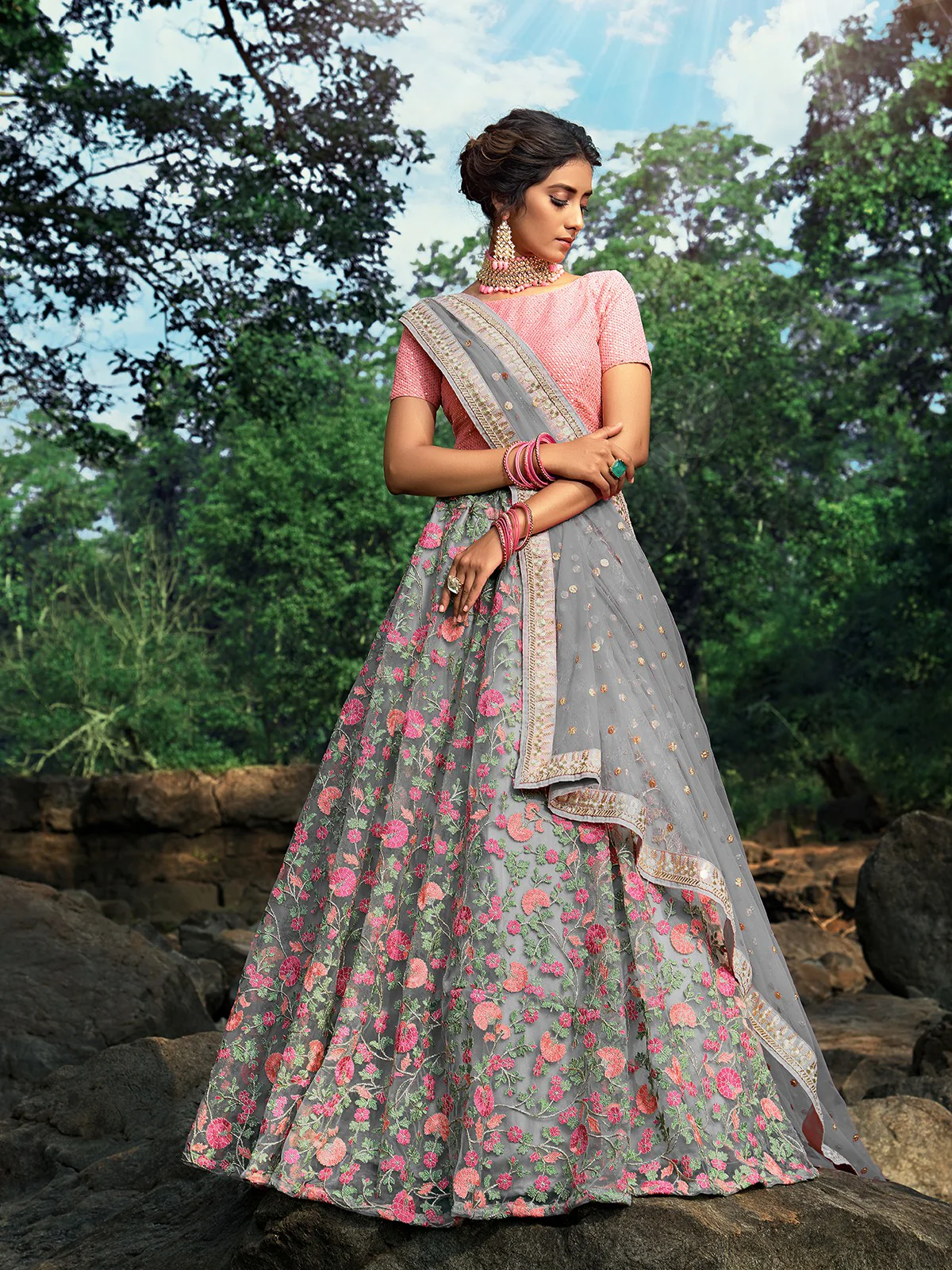 Odette Women Grey Designer Semi Stitched Lehenga With Unstitched Blouse - Image 2