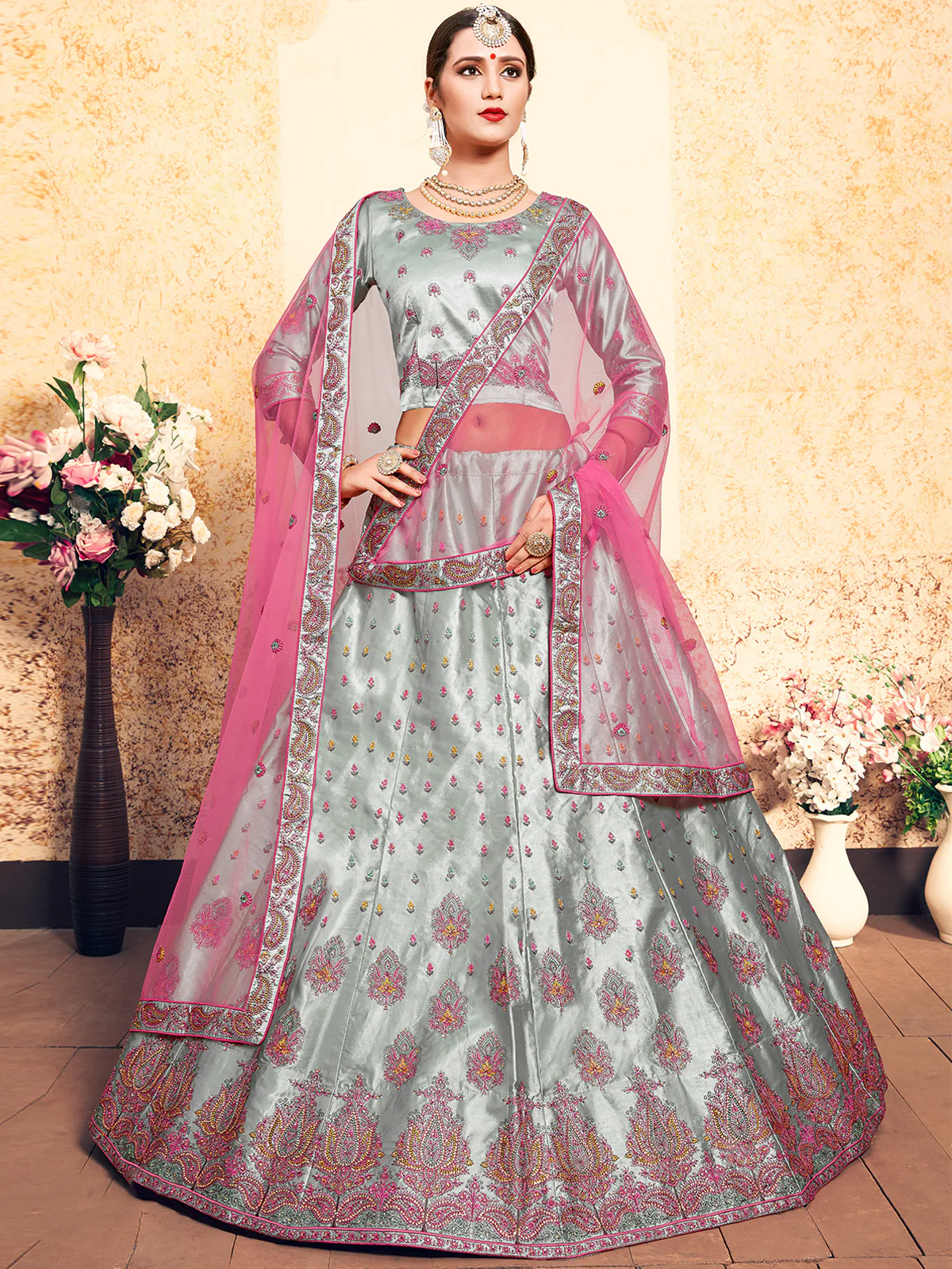 Odette Women Grey Designer Semi Stitched Lehenga With Unstitched Blouse - Image 2