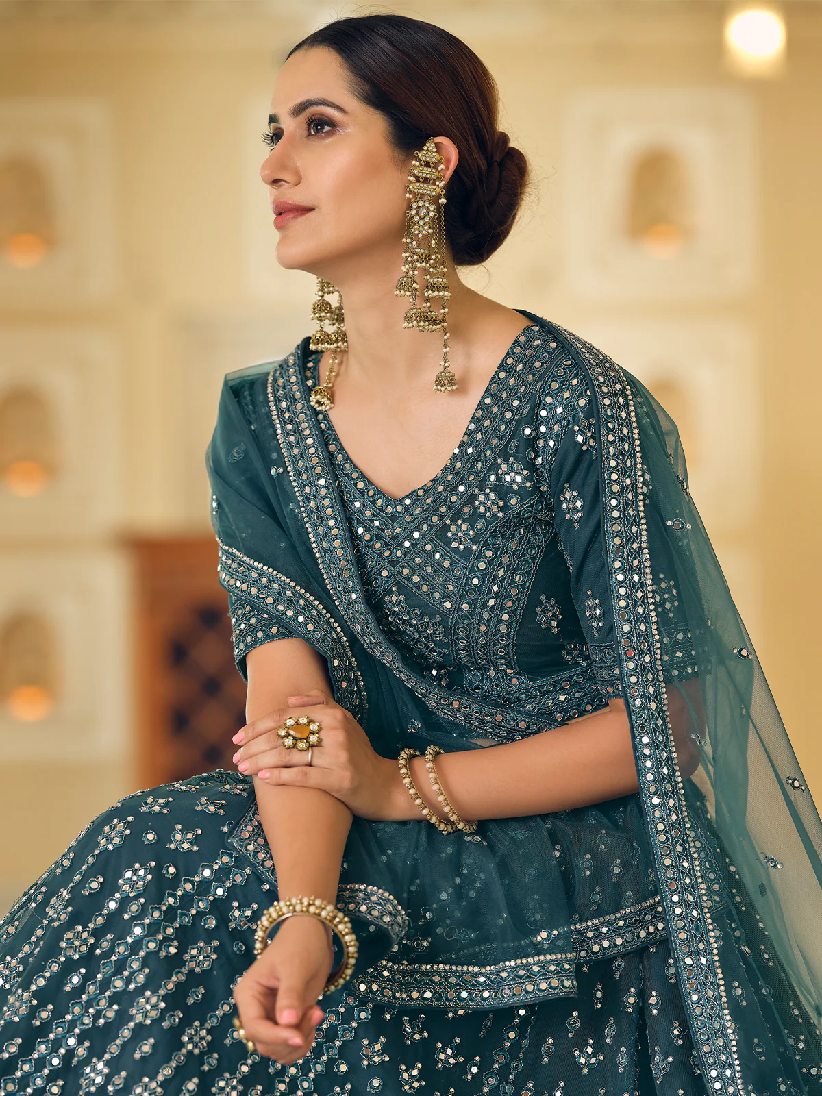 Odette Women Teal Embroidered Soft Net Semi Stitched Lehenga With Unstitched Blouse - Image 4