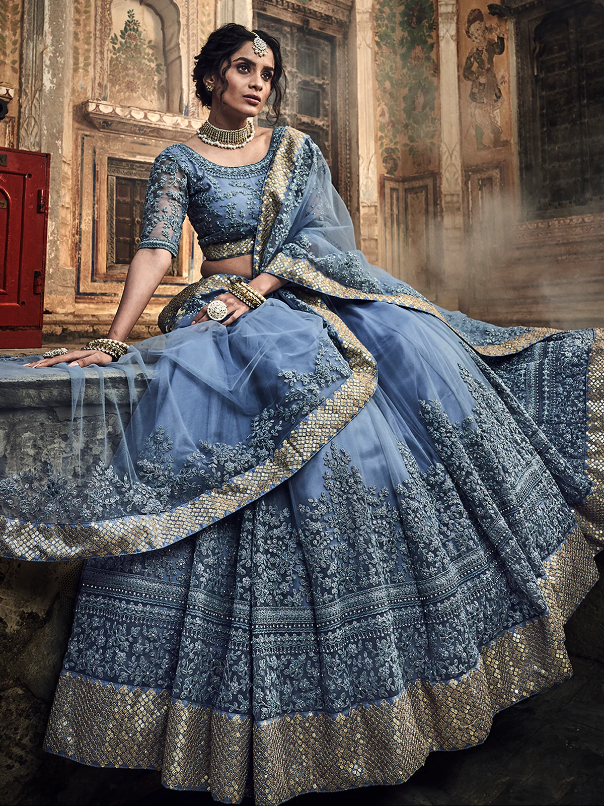 Odette Women Grey Embroidered Soft Net Semi Stitched Lehenga With Unstitched Blouse - Image 2