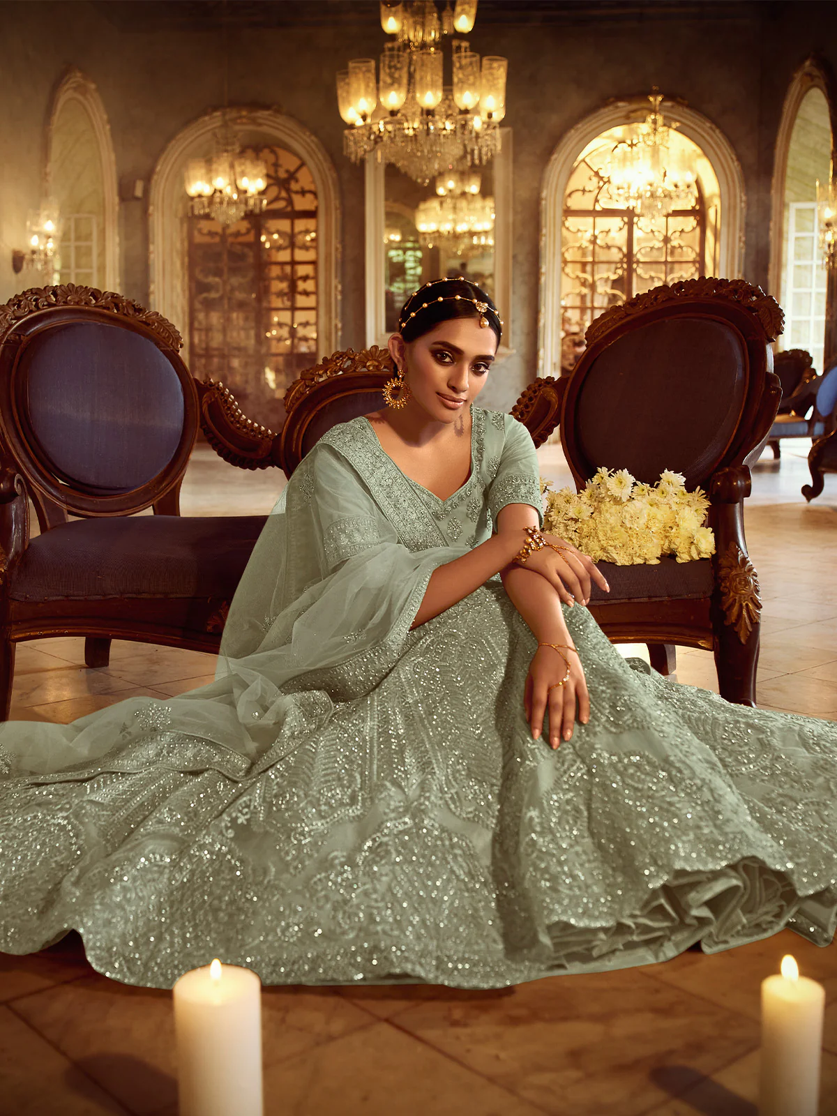 Odette Women Olive Embroidered Soft Net Semi Stitched Lehenga With Unstitched Blouse - Image 3