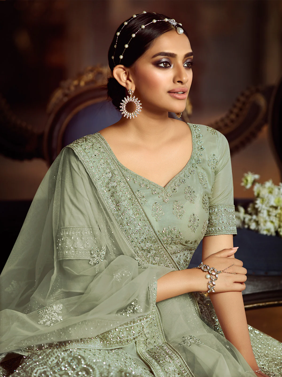 Odette Women Olive Embroidered Soft Net Semi Stitched Lehenga With Unstitched Blouse - Image 5