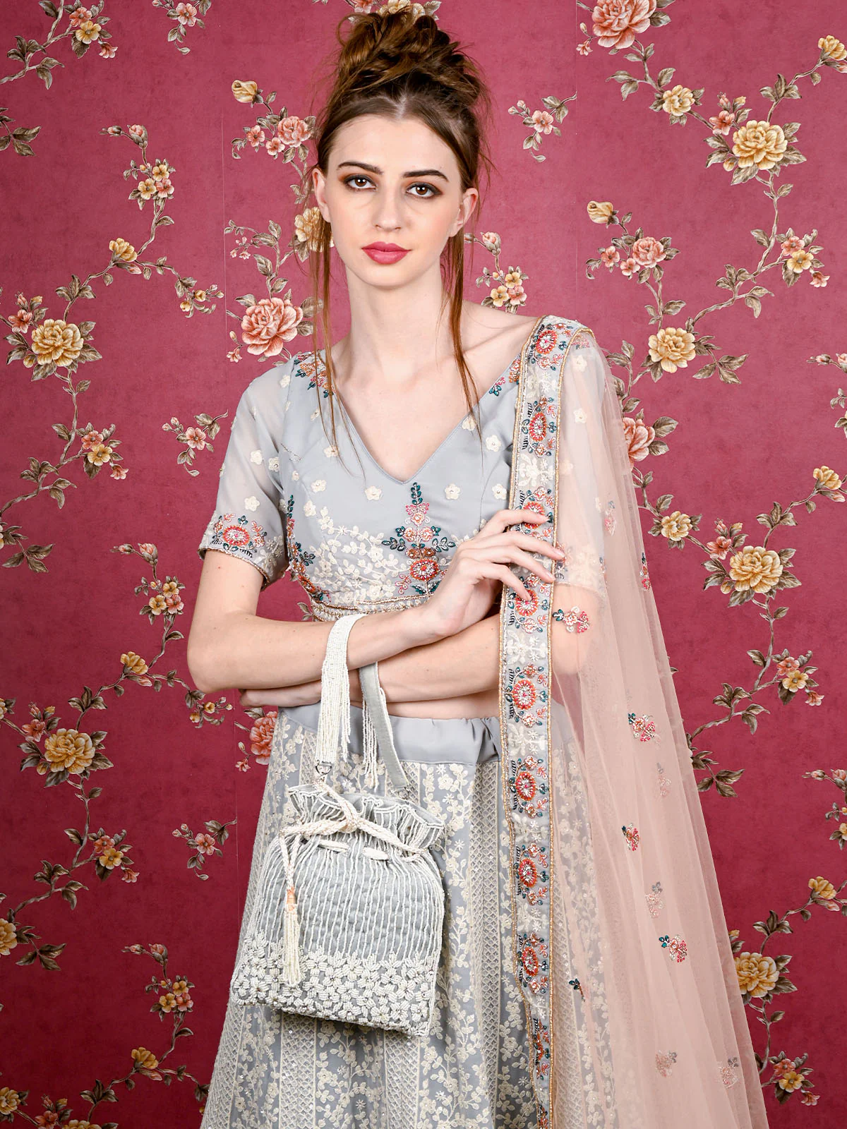 Odette Women Grey Embellished Potli Bag - Image 2