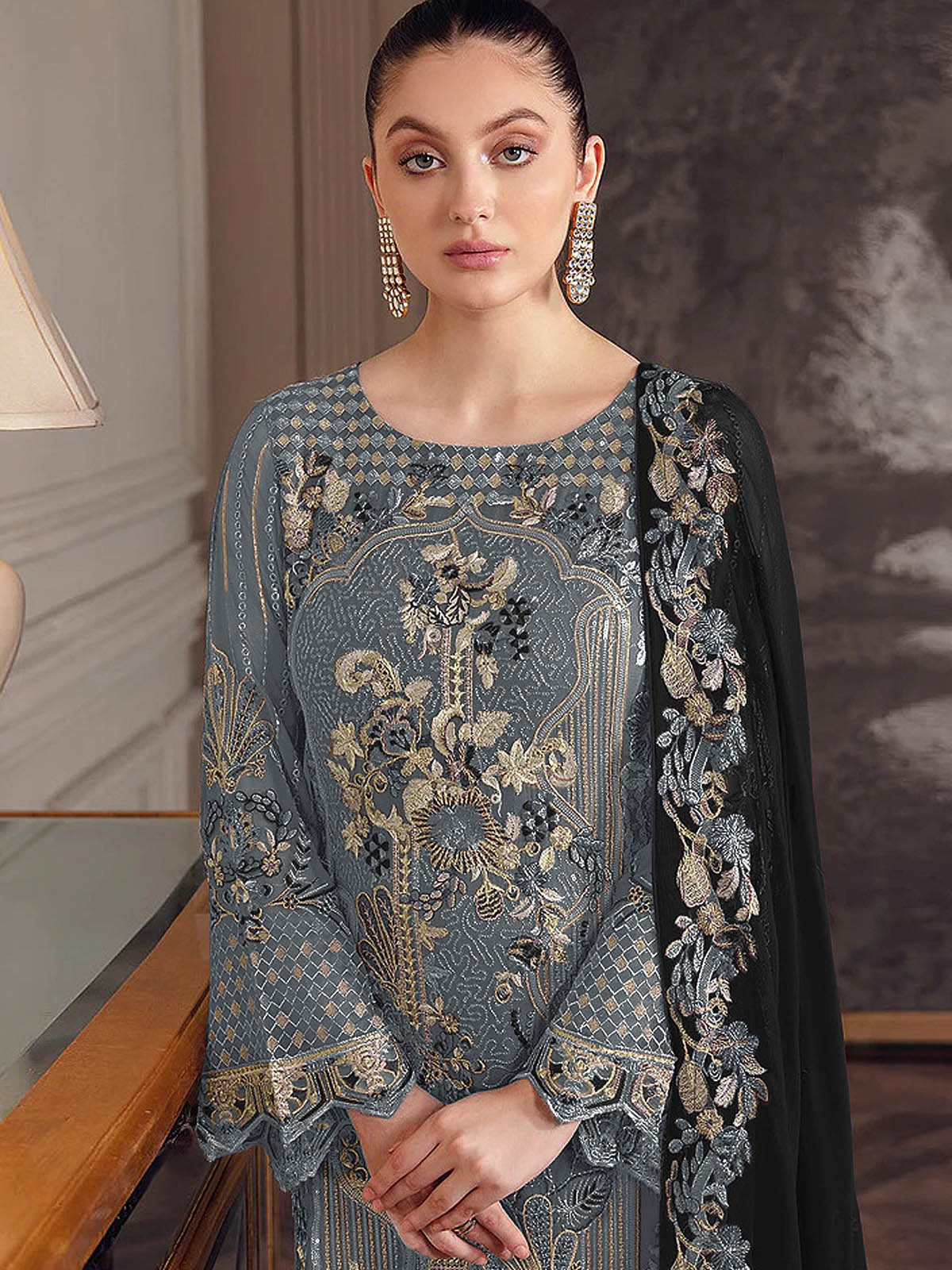 Odette Women Grey Embroidered Georgette Semi Stitched Salwar Suit - Image 2
