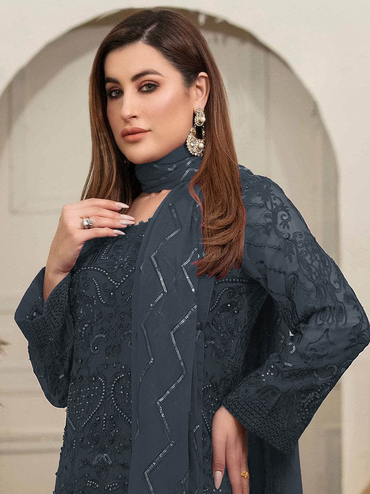 Odette Women Grey Embroidered Georgette Semi Stitched Salwar Suit - Image 2