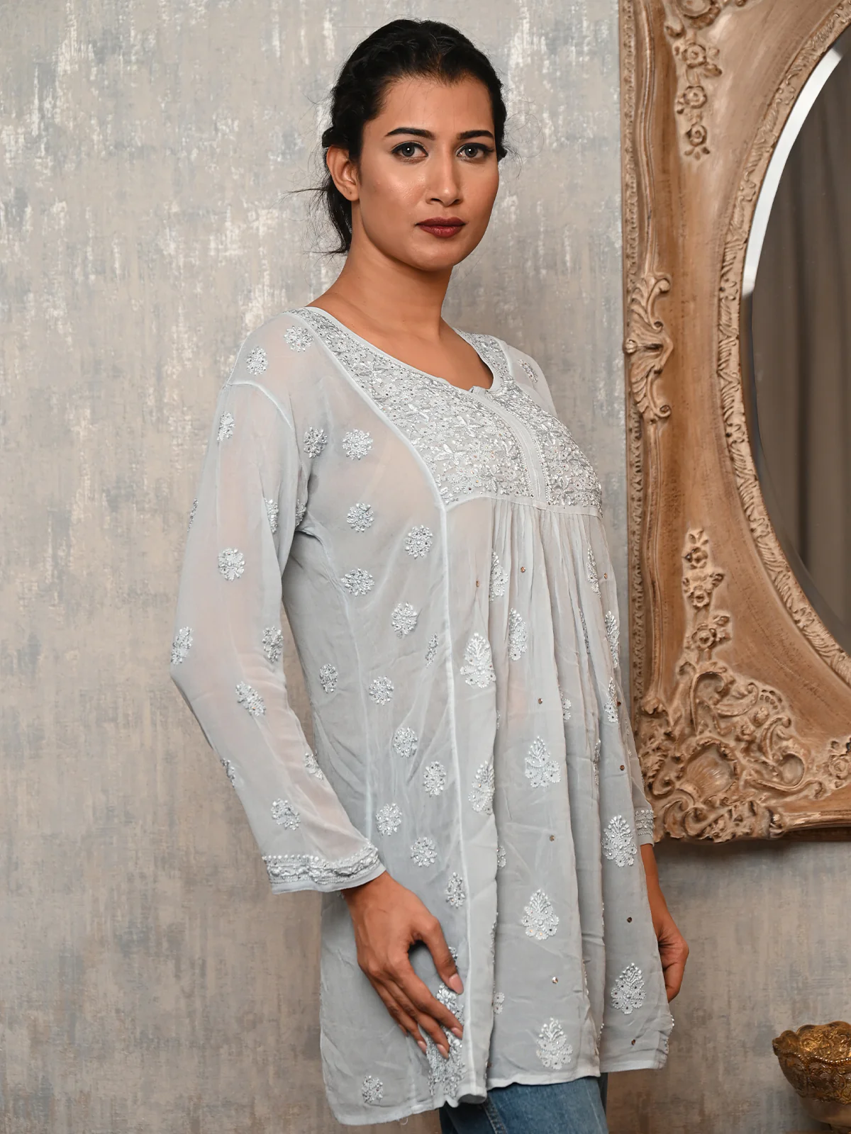 Odette Women Grey Georgette Chikankari Mukaish Work Embroidered Stitched Short Kurti - Image 3