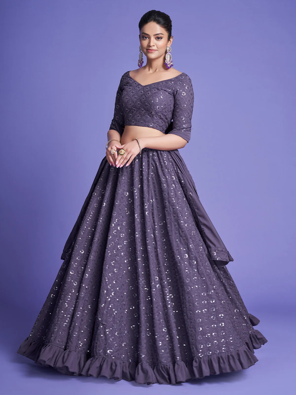 Odette Women Dark Grey Georgette Embroidered Semi Stitched Lehenga With Unstitched Blouse - Image 2