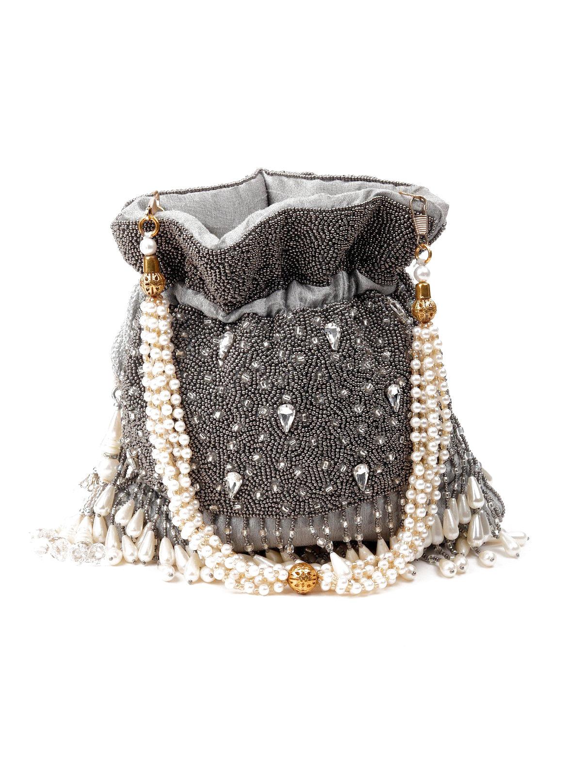 Odette Women Grey Beads Potli Bag - Image 3