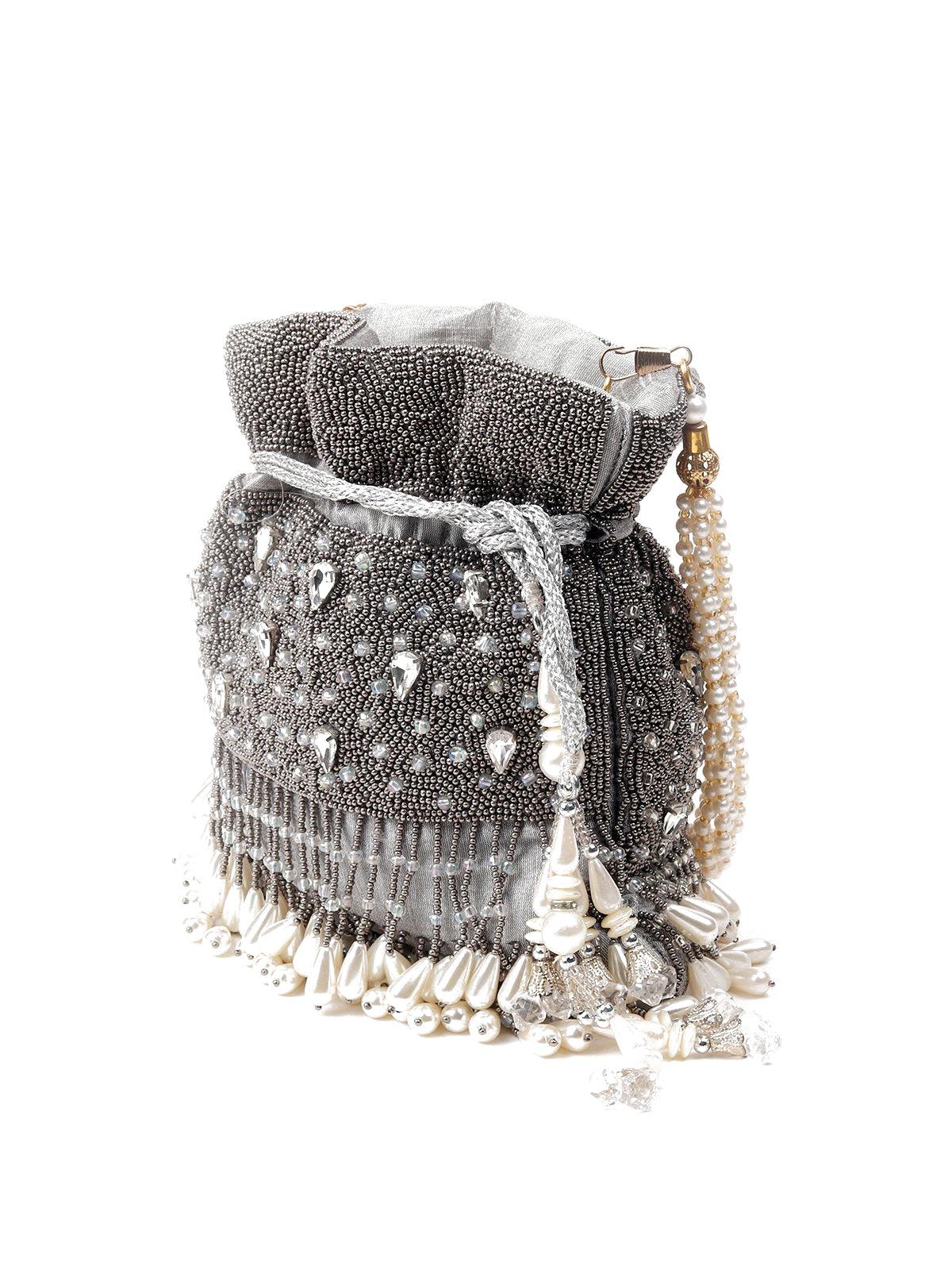 Odette Women Grey Beads Potli Bag - Image 4