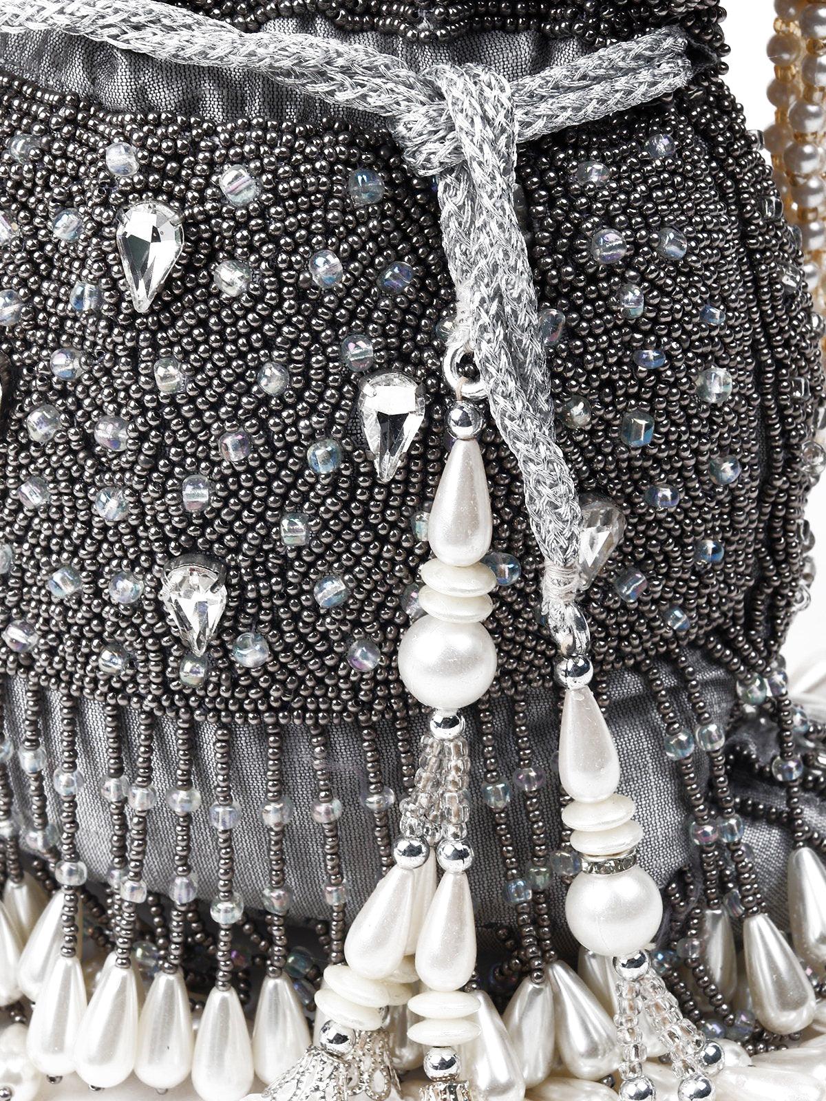 Odette Women Grey Beads Potli Bag - Image 6
