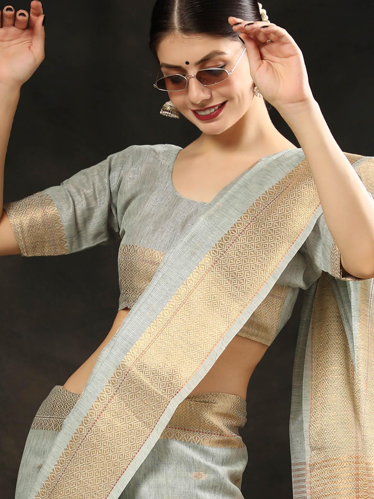 Odette Women Grey Maheshwari Silk Saree With Unstitched Blouse - Image 2