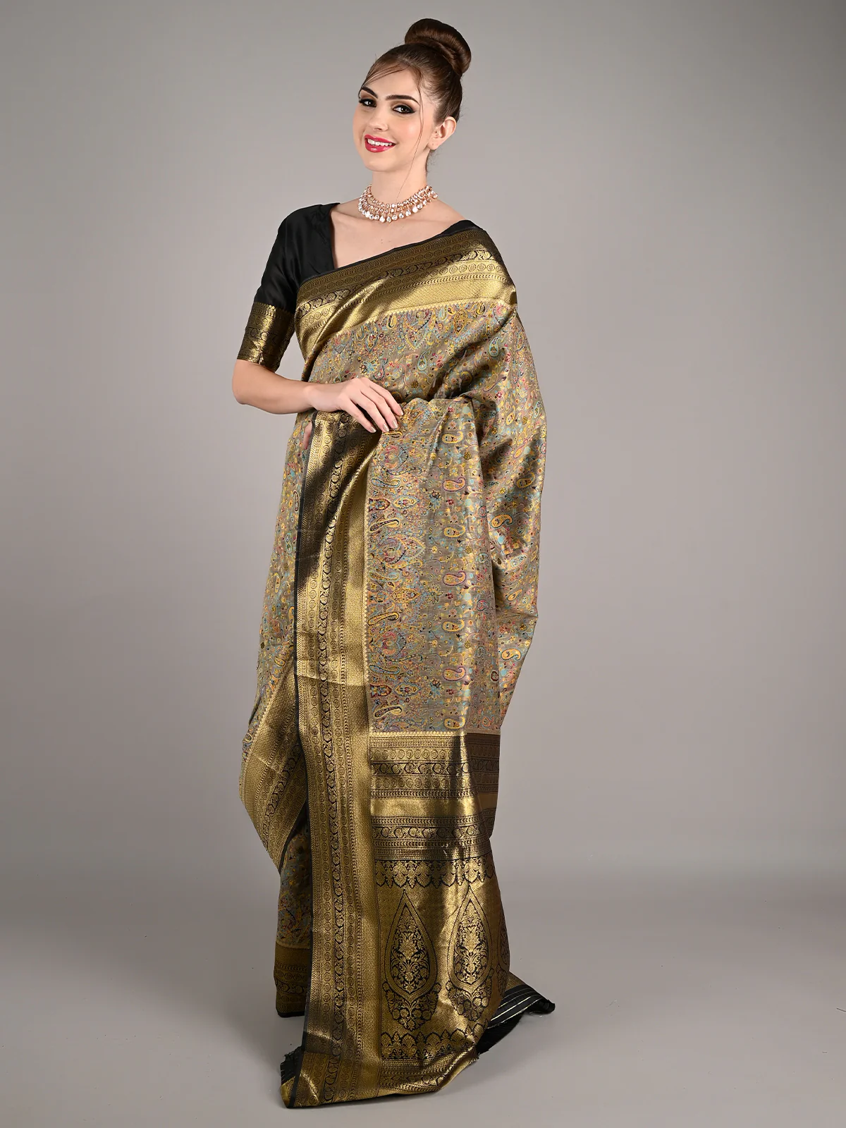 Odette Women Grey Modal Woven Saree With Unstitched Blouse - Image 2