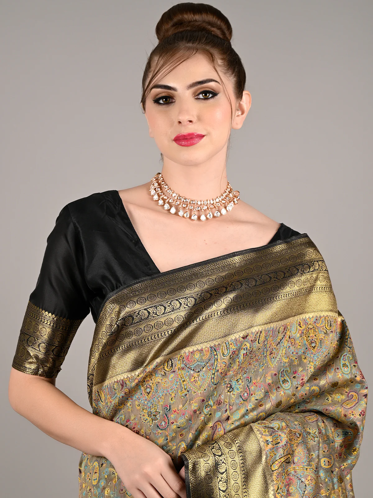 Odette Women Grey Modal Woven Saree With Unstitched Blouse - Image 3