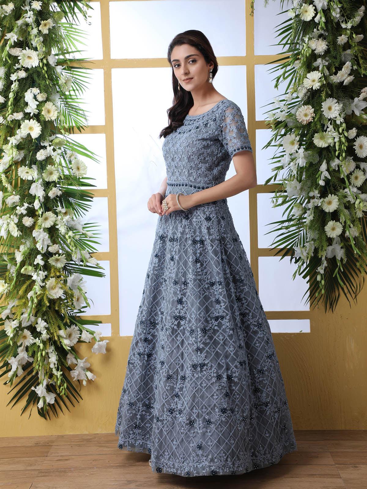 Odette Women Grey Net Semi Stitched Anarkali - Image 3