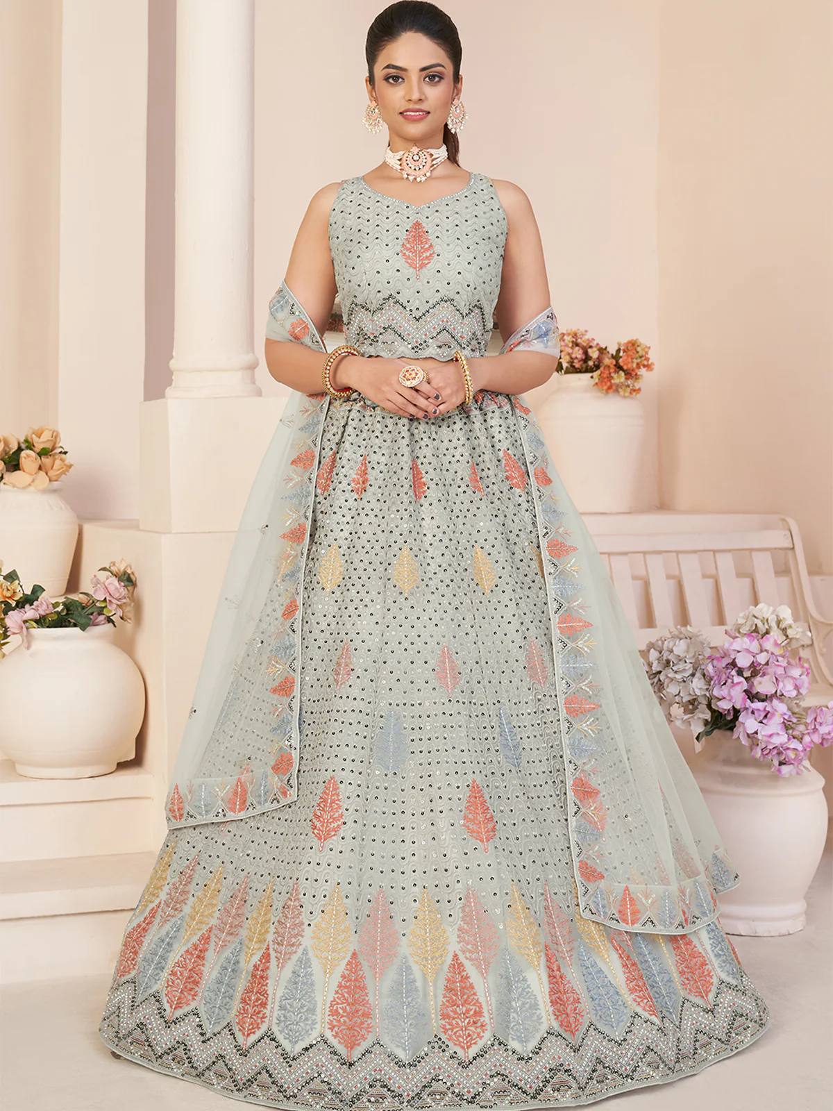 Odette Women Grey Net Embroidered Semi Stitched Lehenga With Unstitched Blouse - Image 2