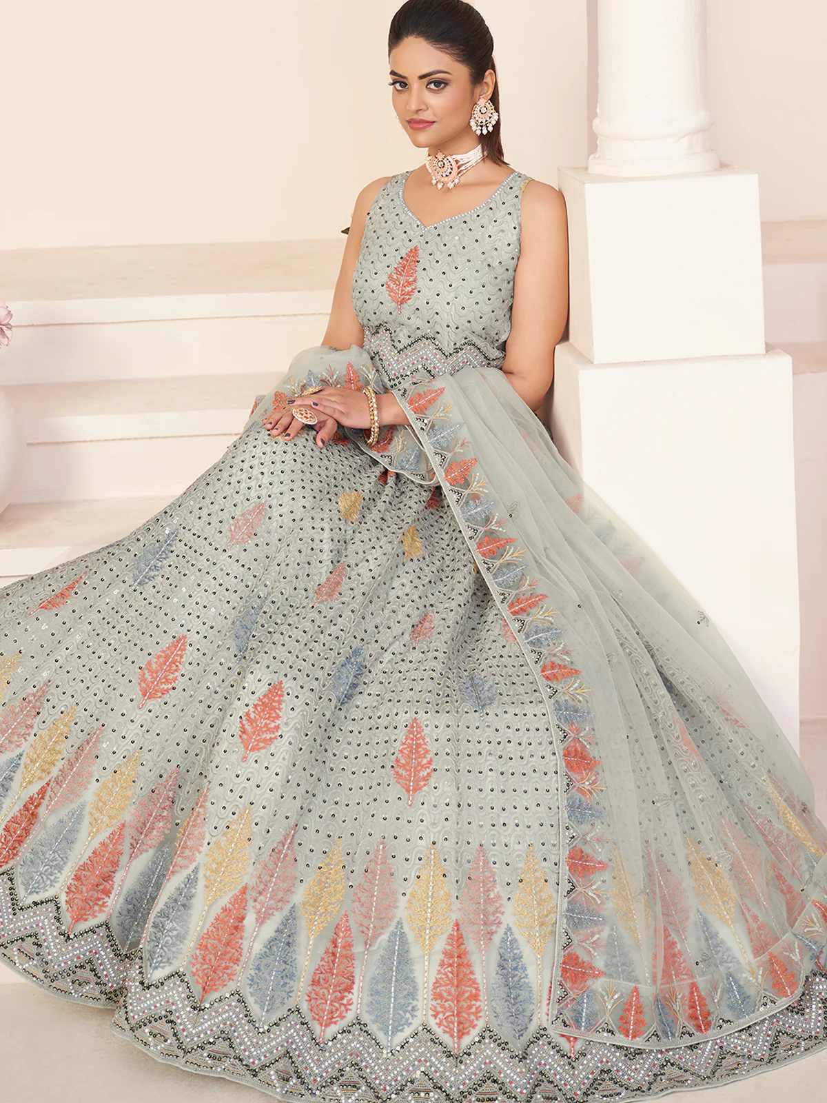Odette Women Grey Net Embroidered Semi Stitched Lehenga With Unstitched Blouse - Image 3
