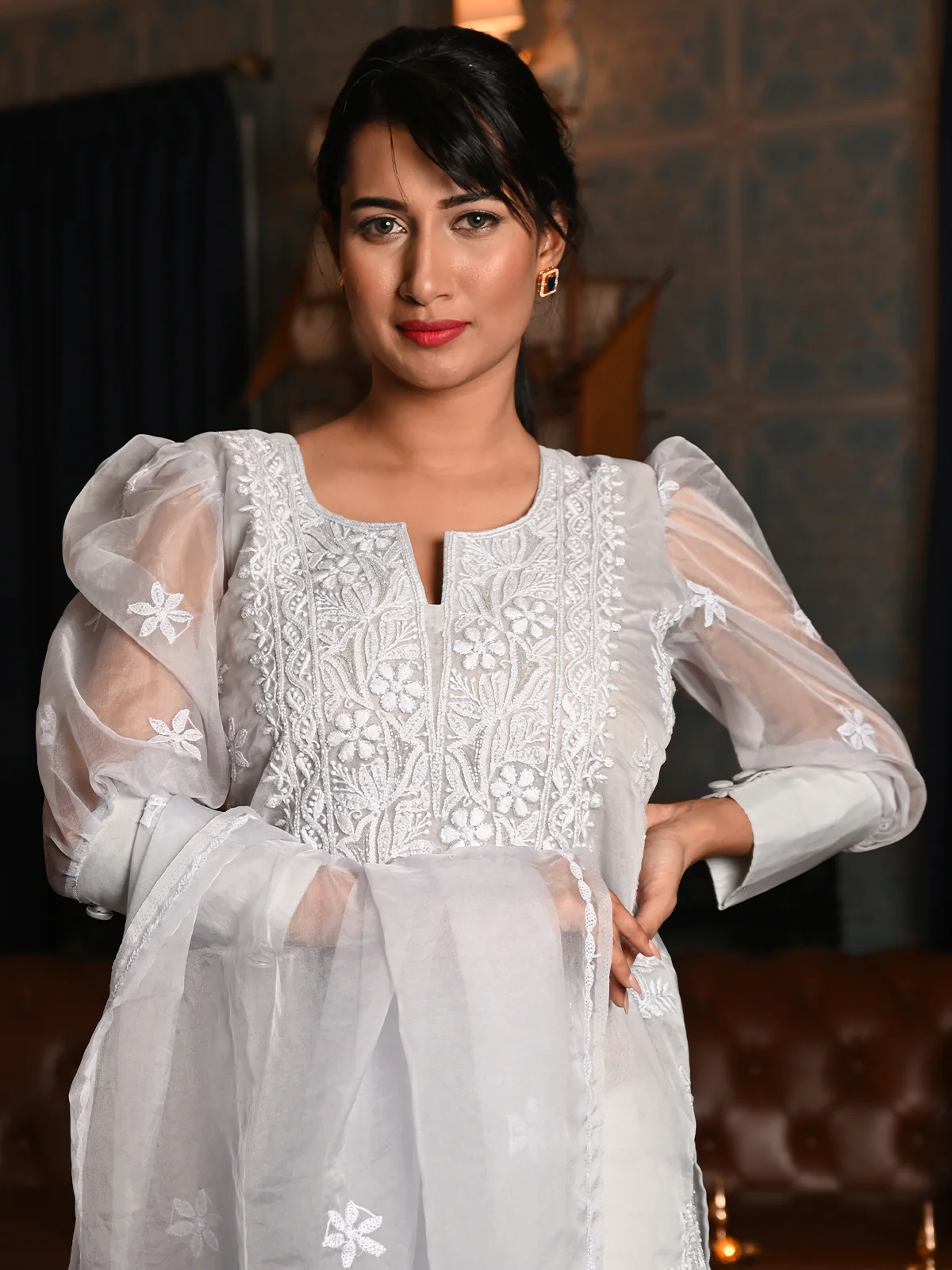 Odette Women Grey Organza Chikankari Beads Embroidered Unstitched Kurta Set - Image 4