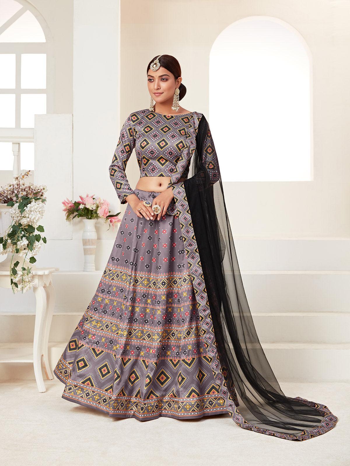 Odette Grey Printed Semi Stitched Lehenga With Unstitched Blouse For Women - Image 2