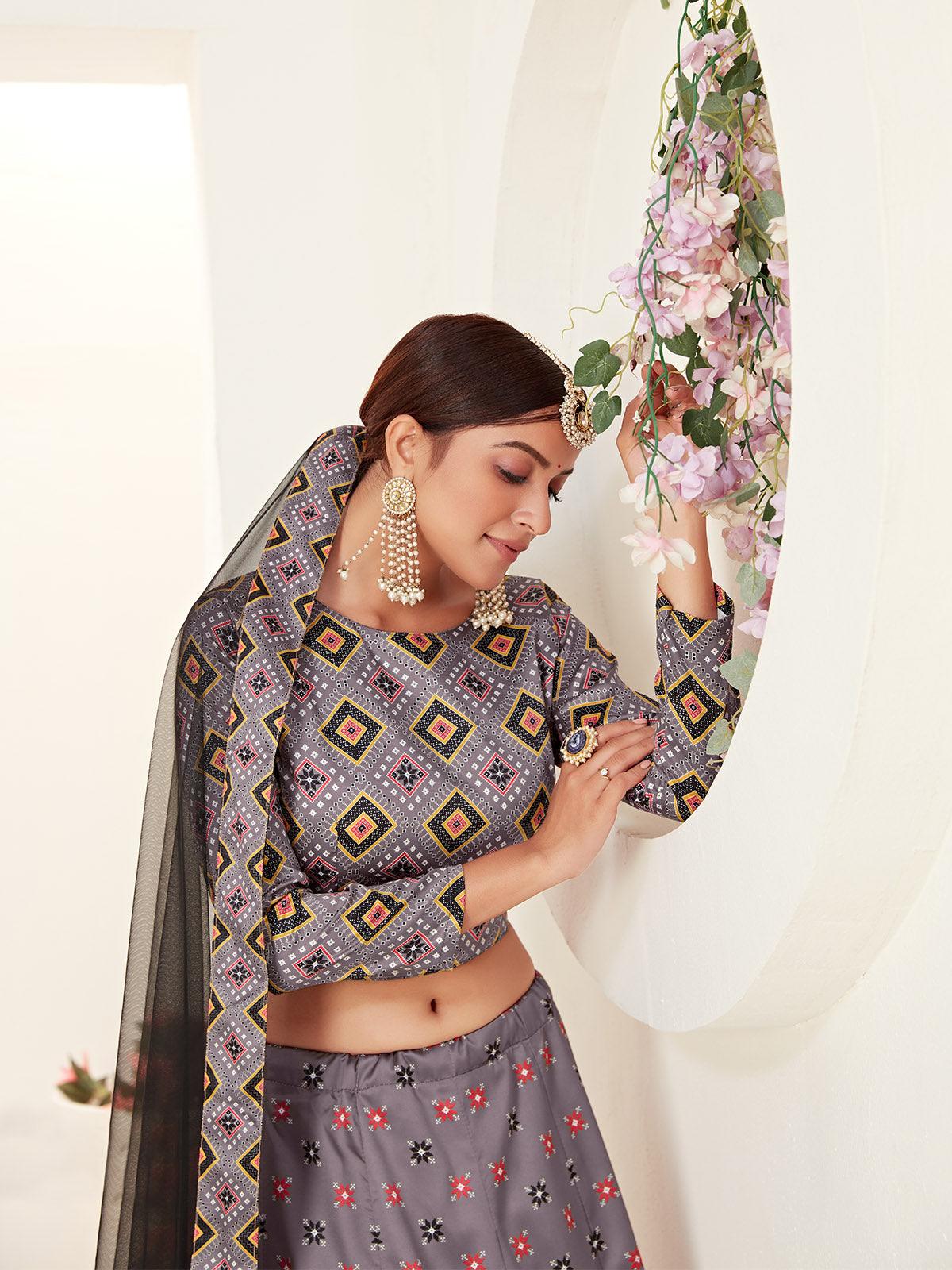 Odette Grey Printed Semi Stitched Lehenga With Unstitched Blouse For Women - Image 4