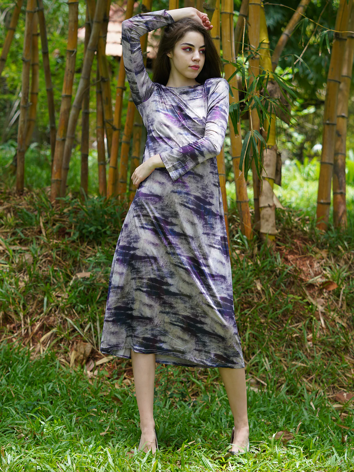 Odette Women Grey Printed Shimmered Polyester Lycra Dress - Image 2