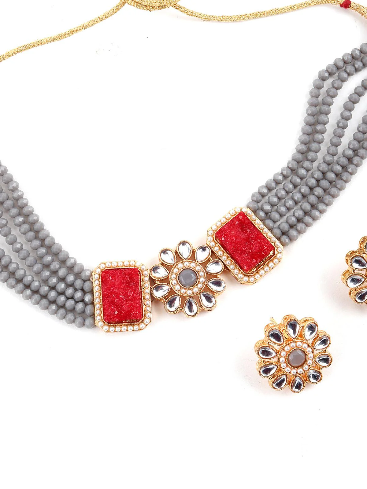 Odette Women Grey Red Trendy Kundan Choker Set - Image 5