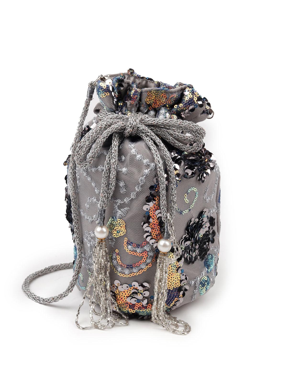Odette Grey Sequence Potli Bag For Women - Image 3