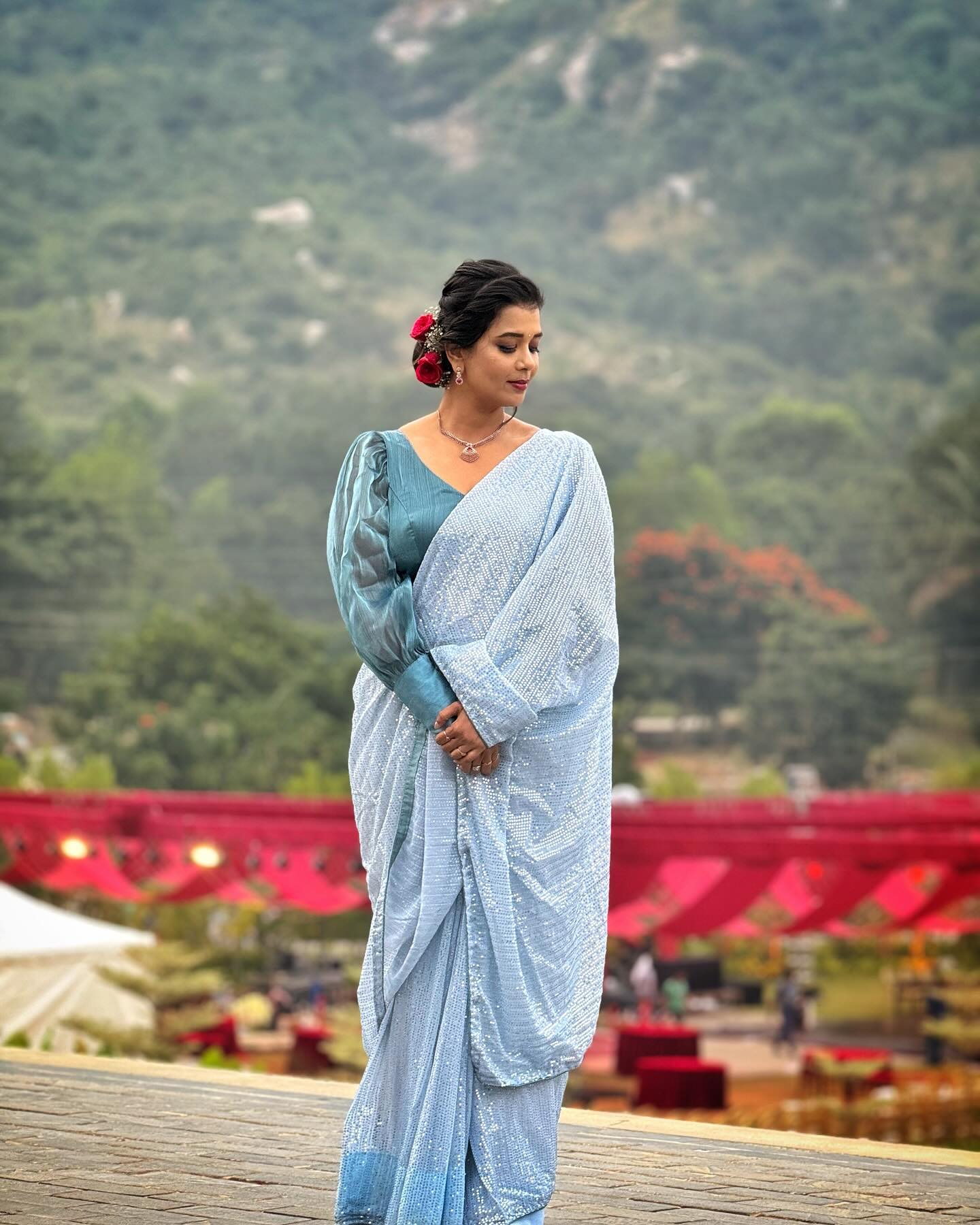 Odette Women Blue Sequin Georgette Saree With Unstitched Blouse - Image 3