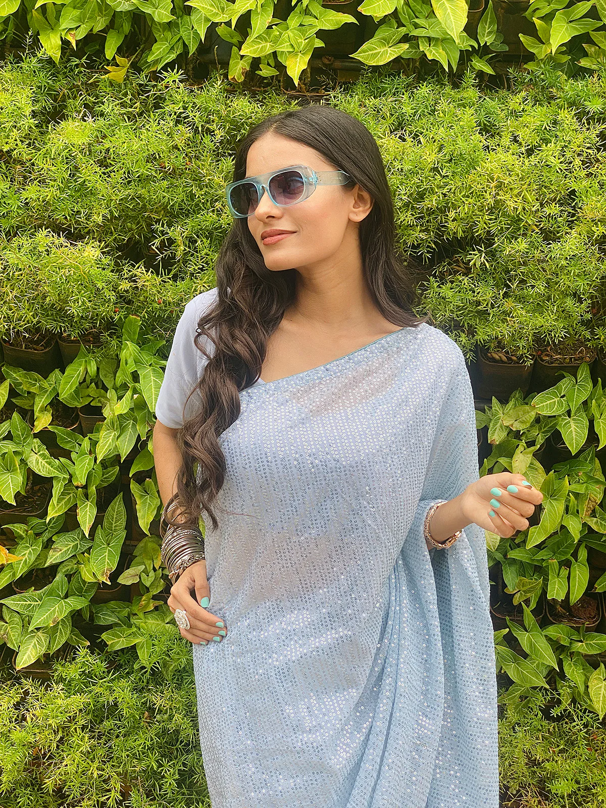 Odette Women Blue Sequin Georgette Saree With Unstitched Blouse - Image 7