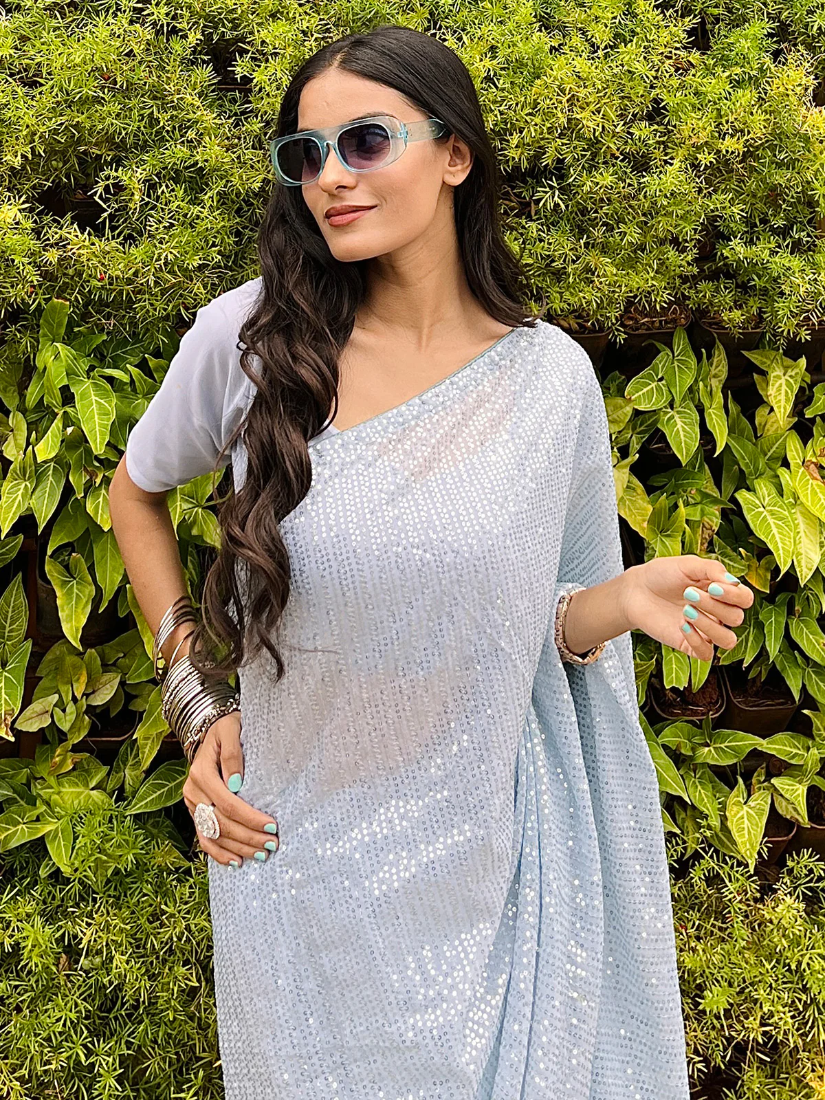 Odette Women Blue Sequin Georgette Saree With Unstitched Blouse - Image 8