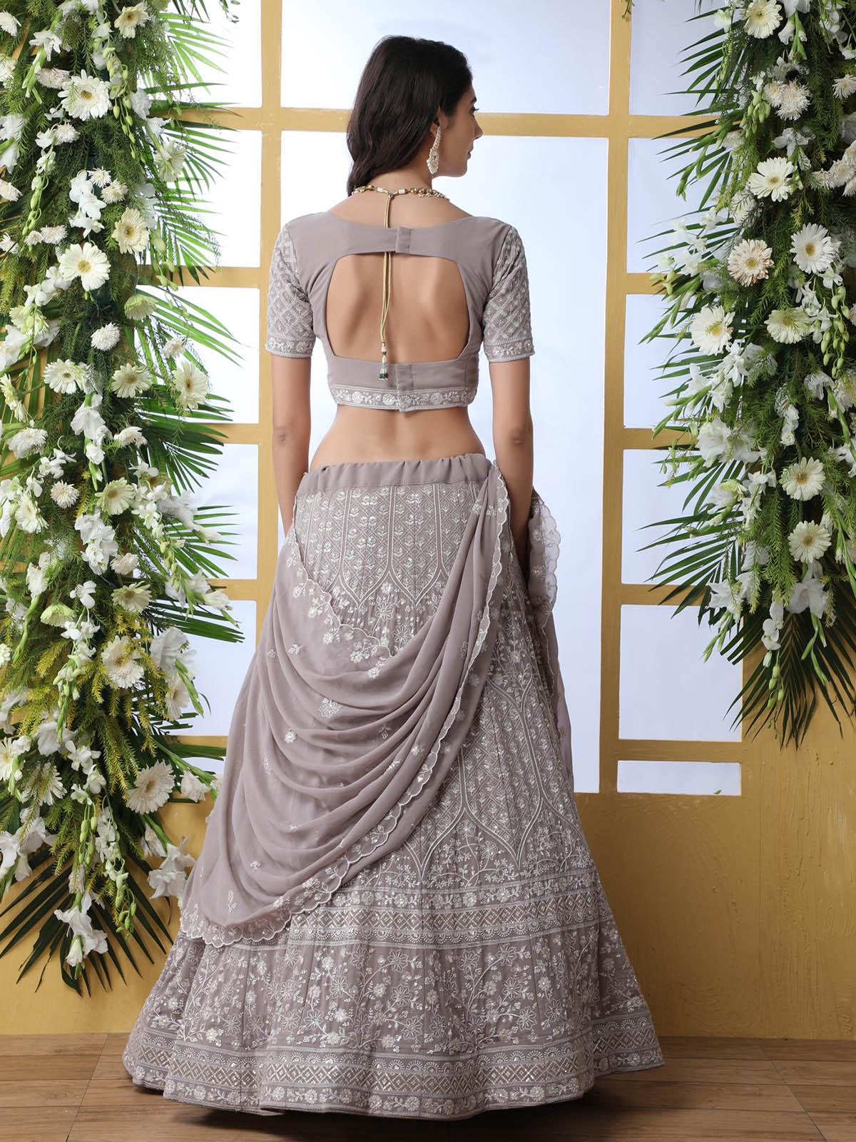 Odette Women Grey Sequins Georgette Semi Stitched Lehenga With  Unstitched Blouse - Image 3